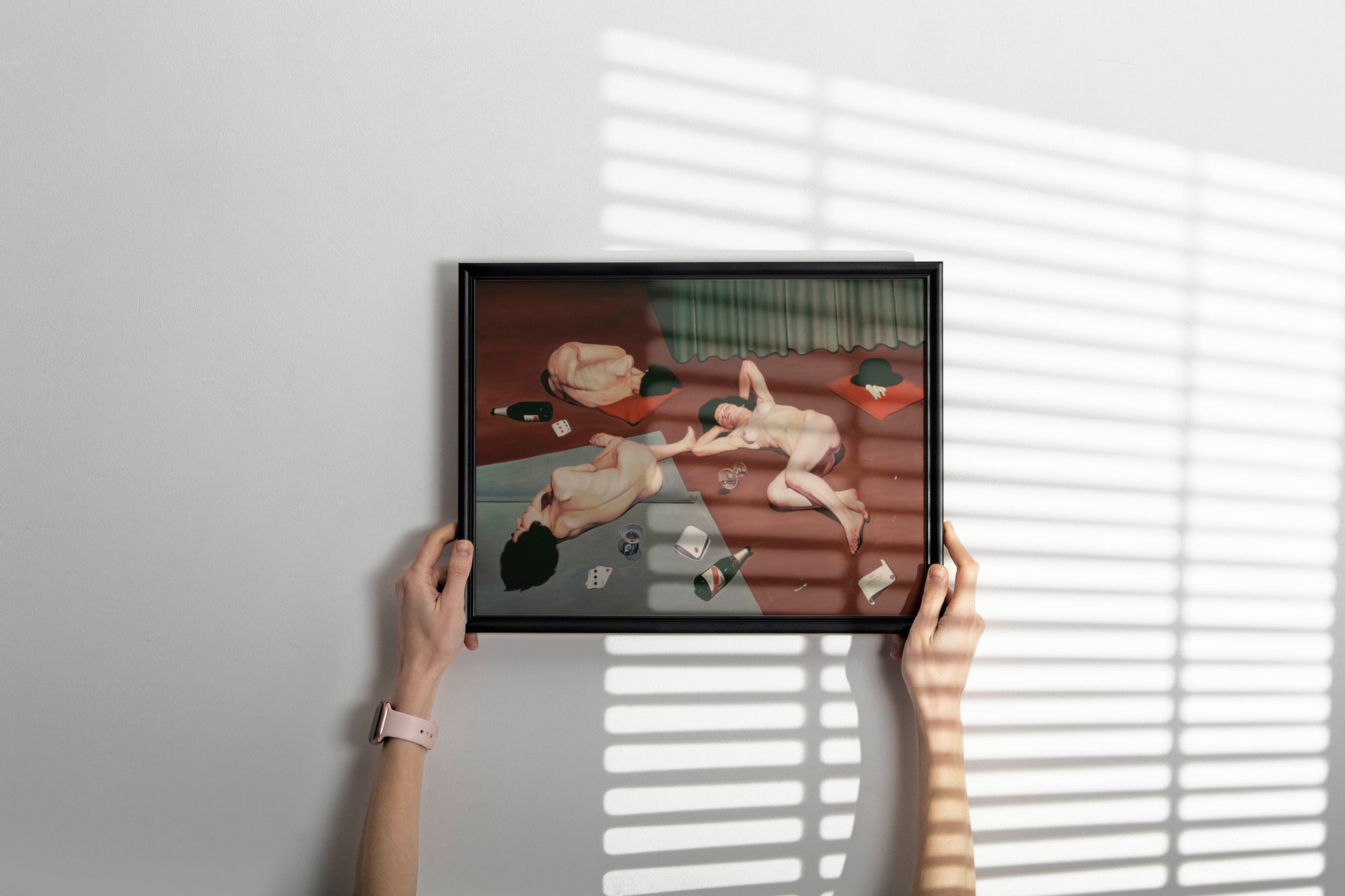After The Orgy 1928 framed fine art print by Cagnaccio di San Pietro hanging as statement wall decor, museum-quality Italian Magic Realism artwork in contemporary home setting