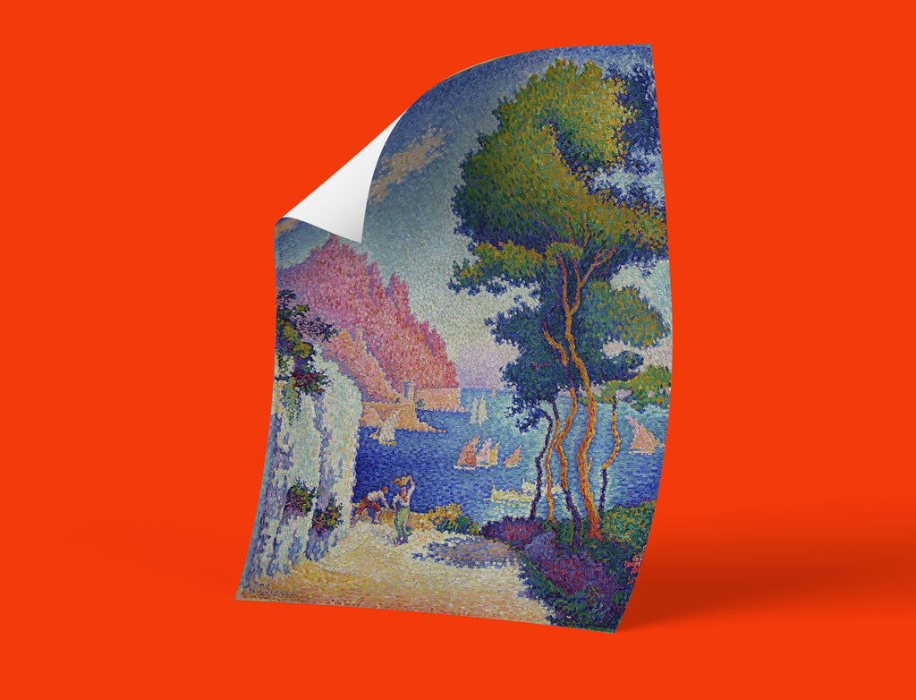 Pointillist fine art poster by Paul Signac depicting Noli Italy coastal view with sailboats, trees and vivid Post-Impressionist colours