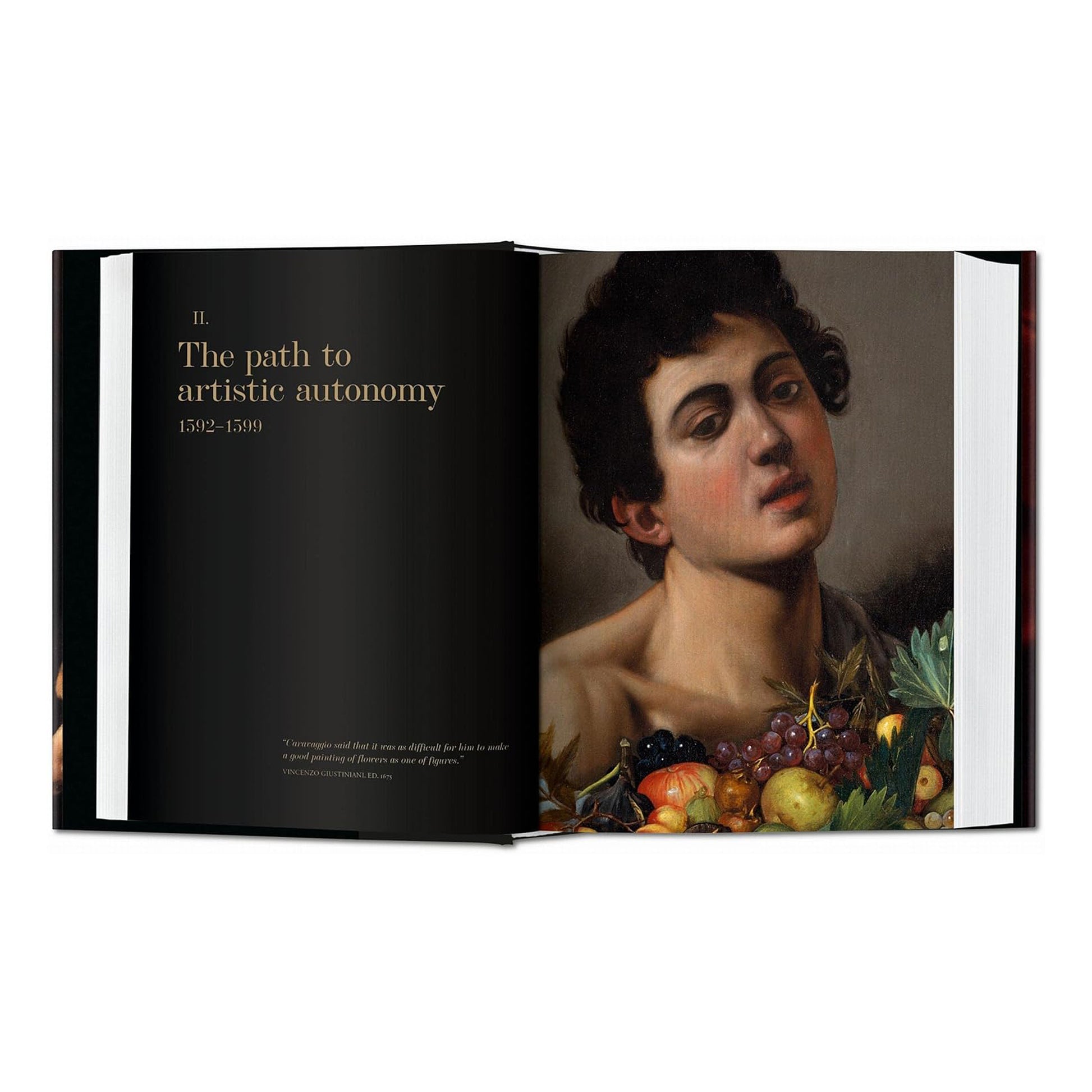 A page from the Caravaggio book displaying 'Boy with a Basket of Fruit', a classic oil painting that highlights the artist's naturalism, perfect for high-end art book enthusiasts.