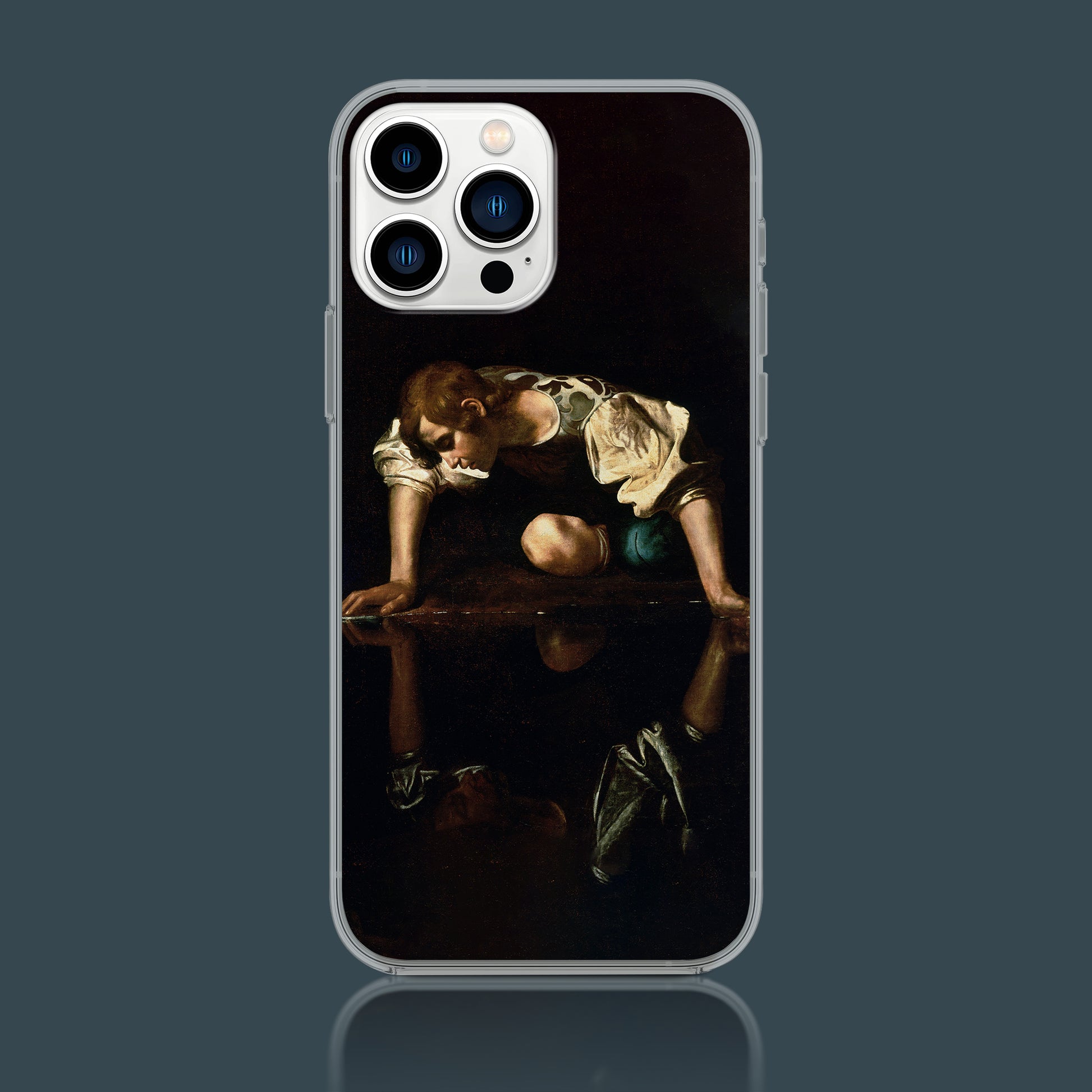 Caravaggio Narcissus painting phone case for iPhone, a fine art Baroque design featuring the iconic artwork, offering luxury phone protection.