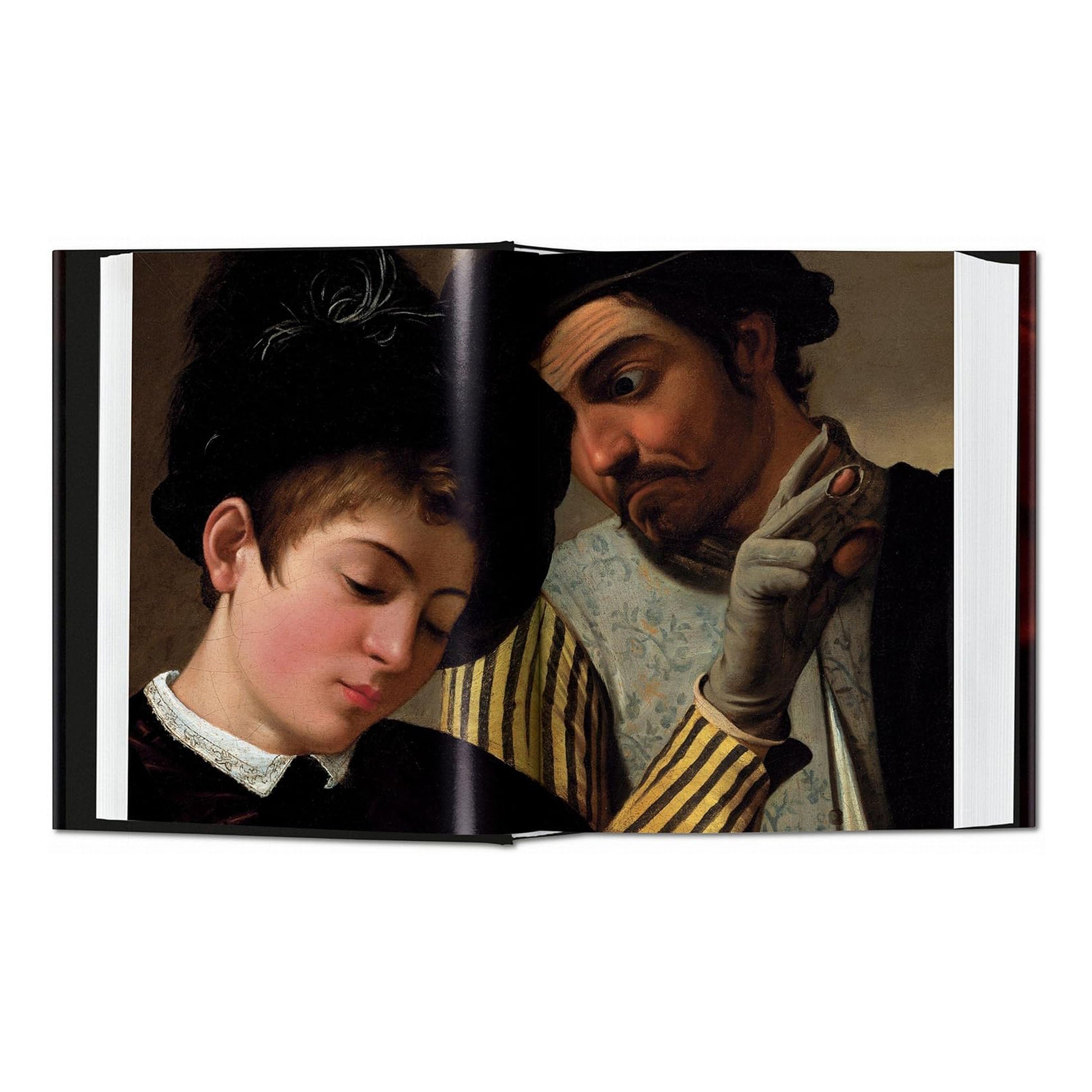 Open pages of the Caravaggio TASCHEN art book showing the famous painting 'The Cardsharps', a stunning example of Baroque realism and a key piece for any art history book collector.