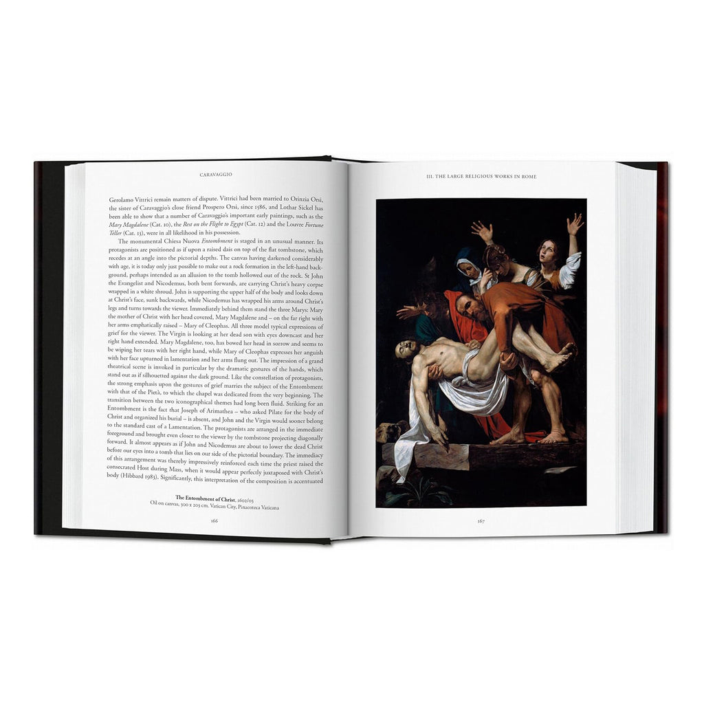 A full-page image of the monumental religious painting 'The Entombment of Christ' in the Caravaggio TASCHEN book, an essential visual for fine art scholars and collectors.