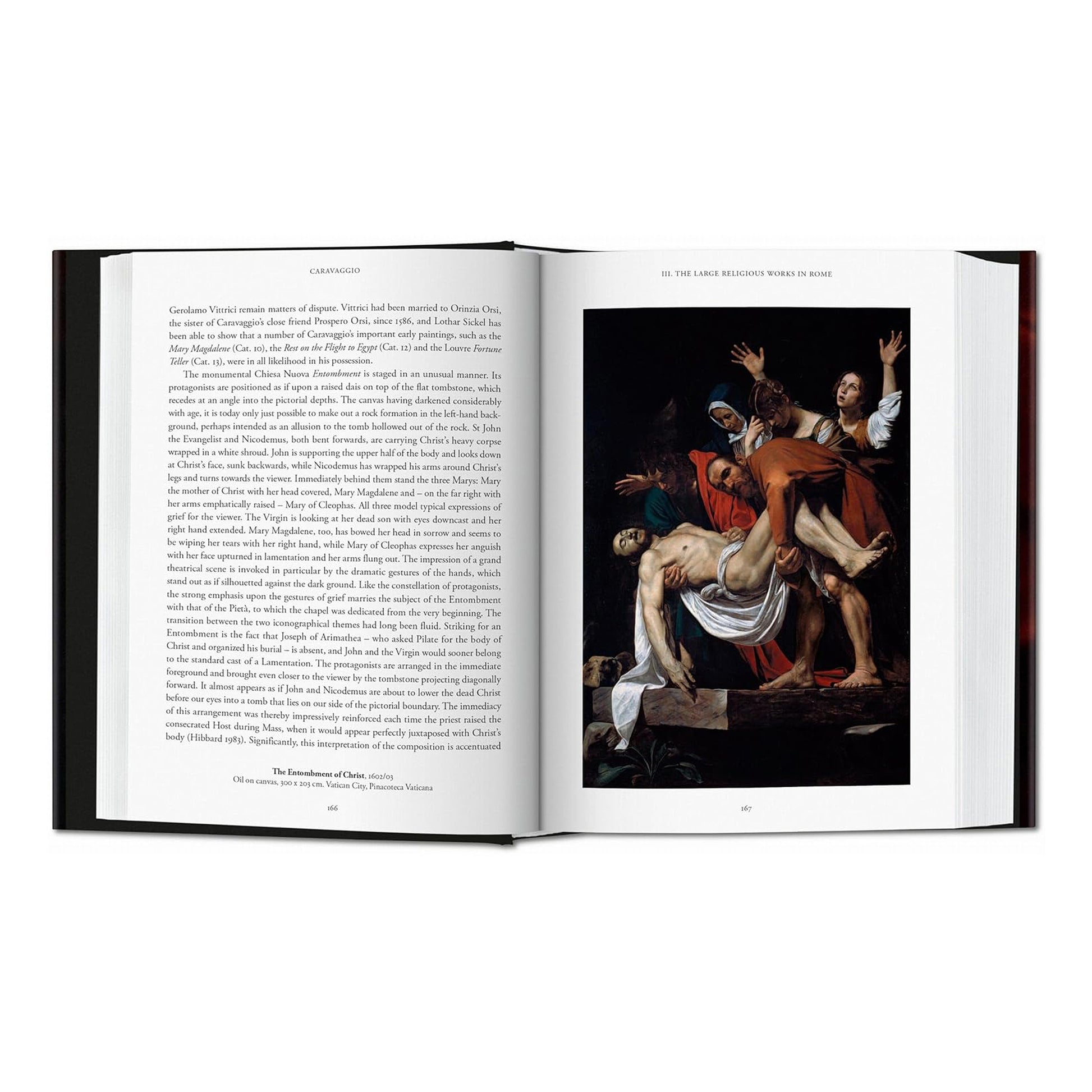 A full-page image of the monumental religious painting 'The Entombment of Christ' in the Caravaggio TASCHEN book, an essential visual for fine art scholars and collectors.