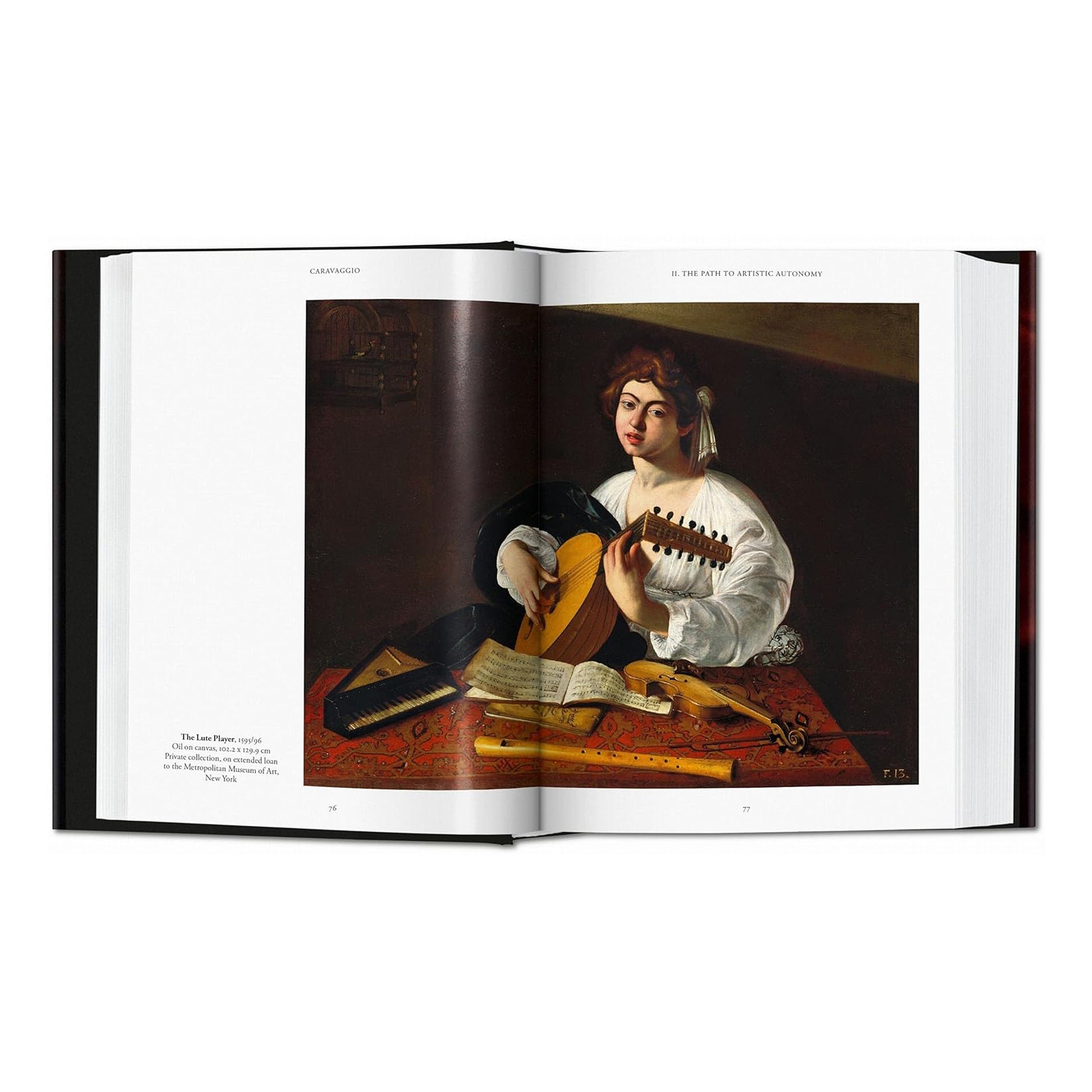 A detailed view of 'The Lute Player' painting on a spread within the Caravaggio art book, showcasing the exquisite detail and quality of this luxury coffee table book.