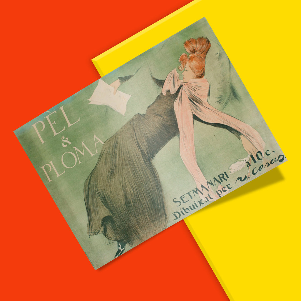 Close-up detail of Ramon Casas giclée art print showing vibrant 12-colour printing quality and Art Nouveau design elements