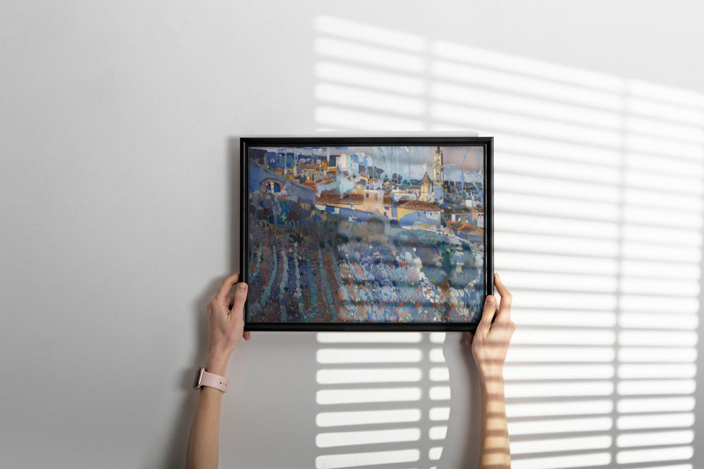 Catalan modernist landscape art print by Joaquim Mir beautifully framed as contemporary wall art decor, featuring luminous terraced village scene perfect for modern home interiors