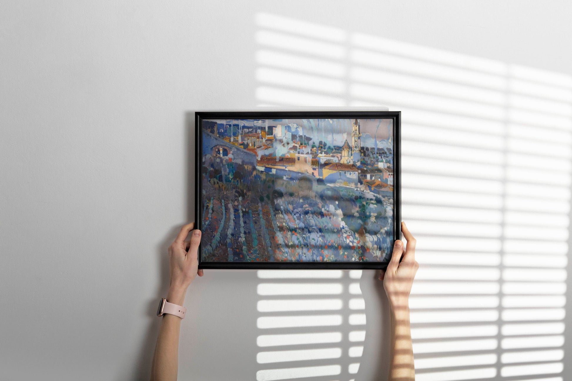 Catalan modernist landscape art print by Joaquim Mir beautifully framed as contemporary wall art decor, featuring luminous terraced village scene perfect for modern home interiors