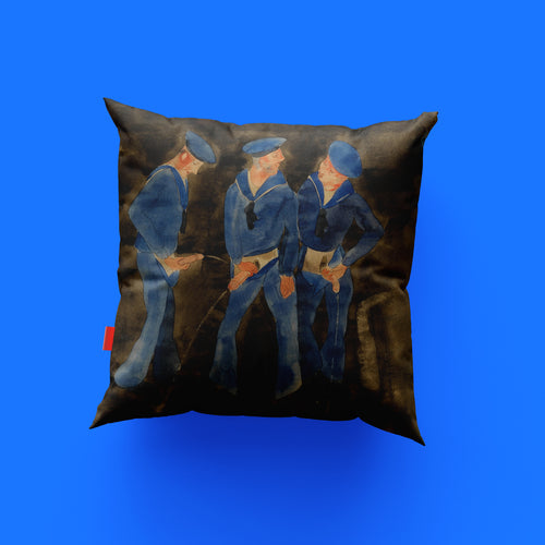 Charles Demuth Three Sailors Urinating art cushion in premium linen, 18x18 inches, British-made luxury homeware featuring 1930 Precisionist watercolour painting
