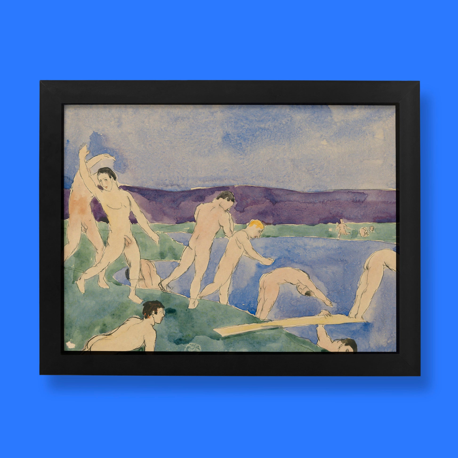 A high-quality giclée fine art print of Charles Demuth's "Twelve Nude Men at the Beach," showing a group of figures in a stylized landscape with vivid watercolor details.