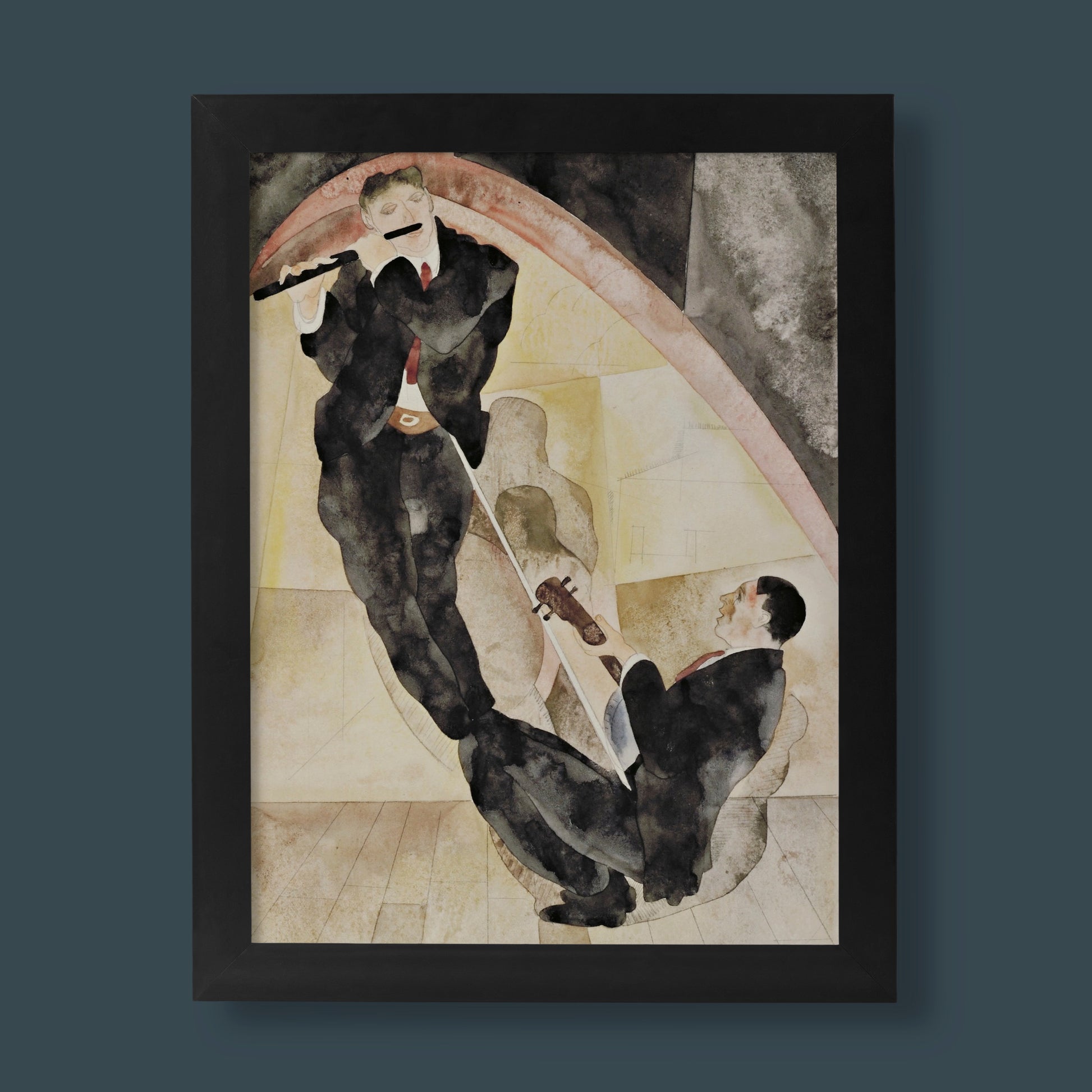 An archival giclée fine art print of Charles Demuth's 1917 modernist painting, Vaudeville Musicians, featuring a flute player and string musician in an expressive cubist composition. 🎭