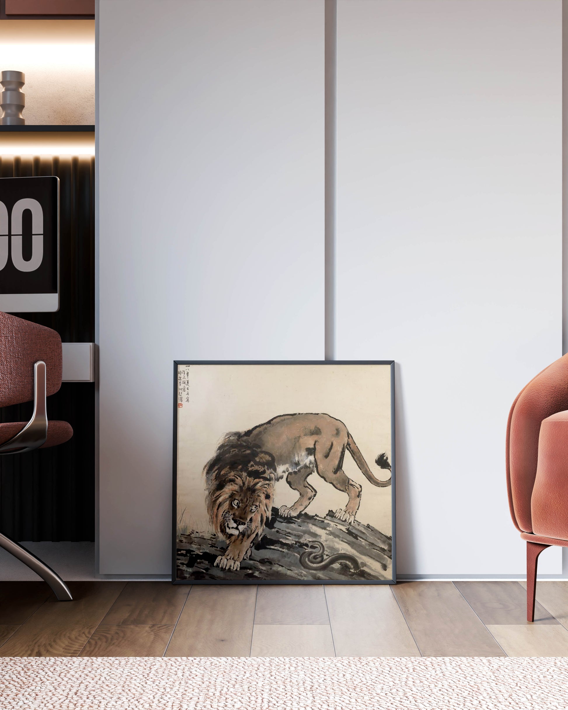 Fine art reproduction of Xu Beihong's famous lion, a stunning piece of wall art that blends Eastern and Western styles.
