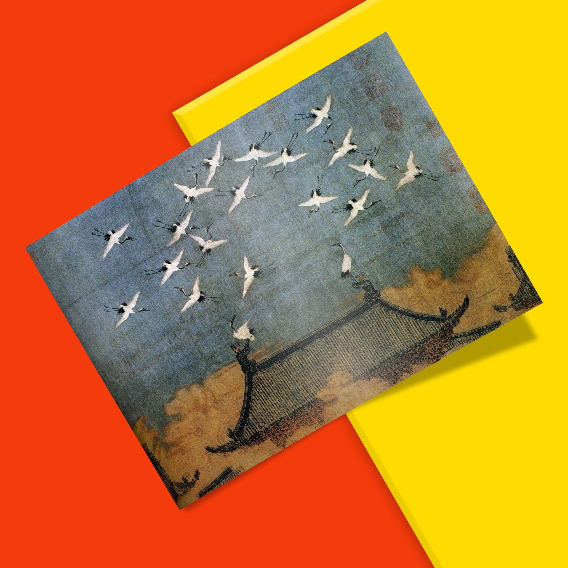 Fine art poster of the famous Chinese painting Auspicious Cranes 瑞鹤图 depicting two cranes perched on the ornate ridge of Xuande Gate with eighteen cranes circling above