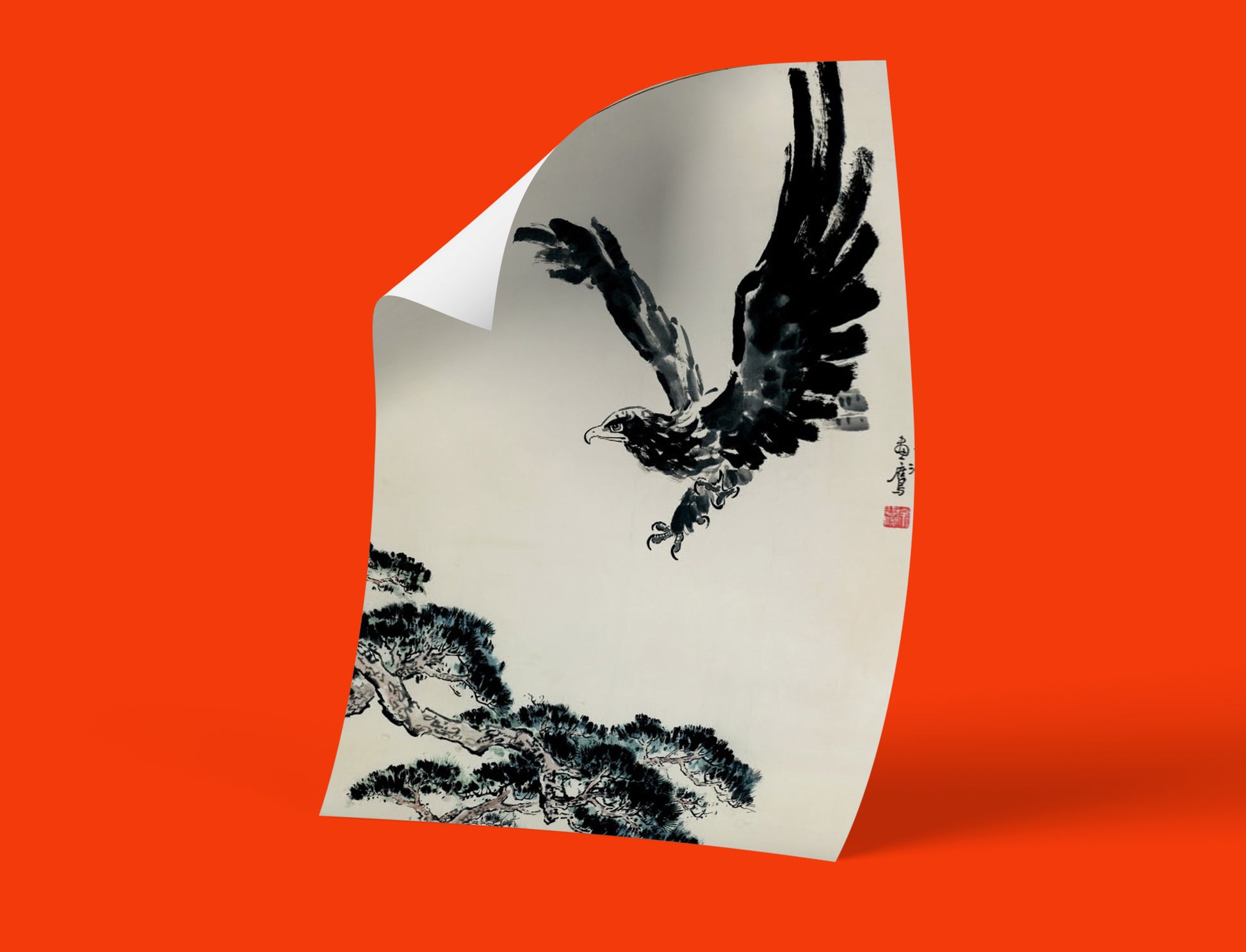 High-quality wall art featuring a soaring eagle and resilient pine tree by master artist Xu Beihong.