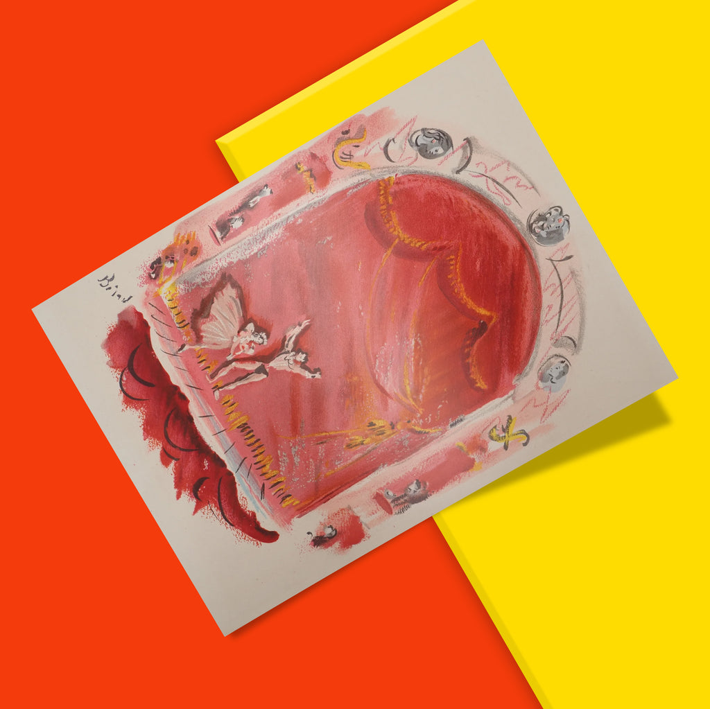 Bérard 1940s French art ballet wall art giclée poster with vivid red backdrop, gold curtain fringing, footlights, and expressive Neo-Romantic figures