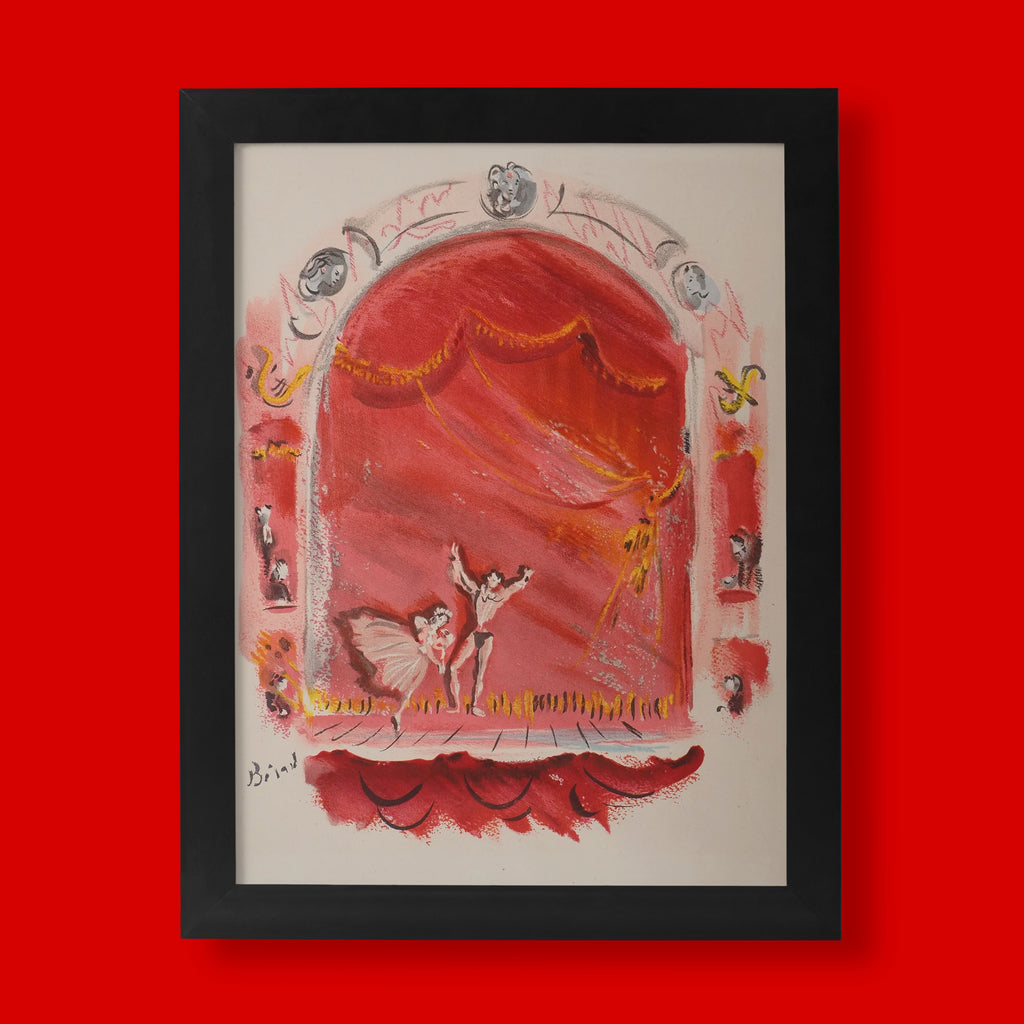 Christian Bérard La belle vie et le Sphinx fine art print featuring two ballet dancers on a crimson stage framed by a theatrical proscenium arch