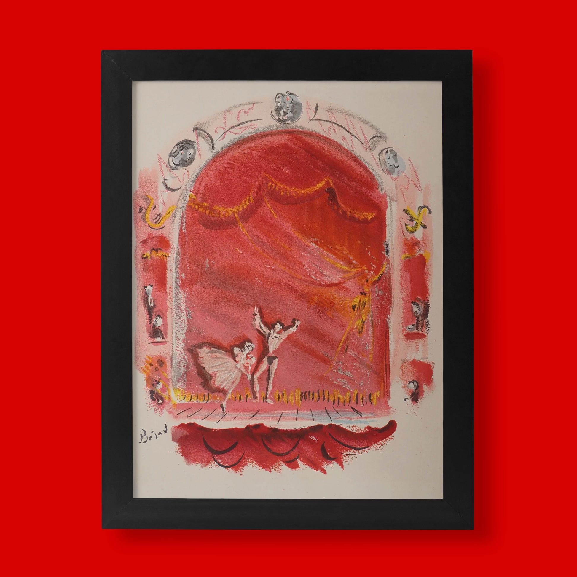 Christian Bérard La belle vie et le Sphinx fine art print featuring two ballet dancers on a crimson stage framed by a theatrical proscenium arch