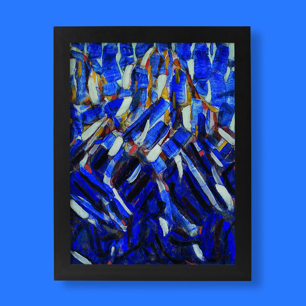 A vibrant German Expressionist art print by Christian Rohlfs titled 'Abstraction (the Blue Mountain)', showcasing dynamic blue and white colour fields. This piece is the ultimate focal point for contemporary wall art. 🏔️
