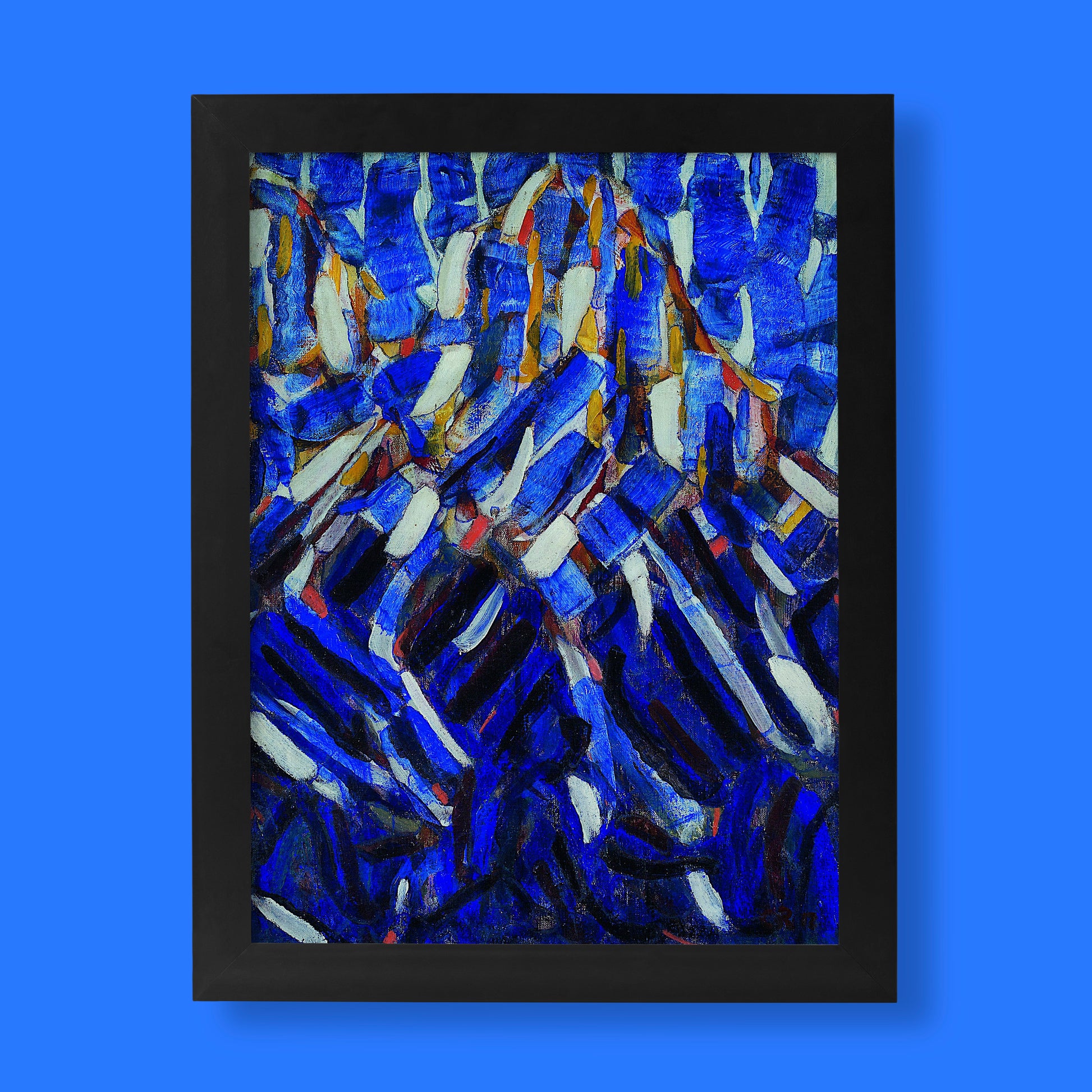 A vibrant German Expressionist art print by Christian Rohlfs titled 'Abstraction (the Blue Mountain)', showcasing dynamic blue and white colour fields. This piece is the ultimate focal point for contemporary wall art. 🏔️