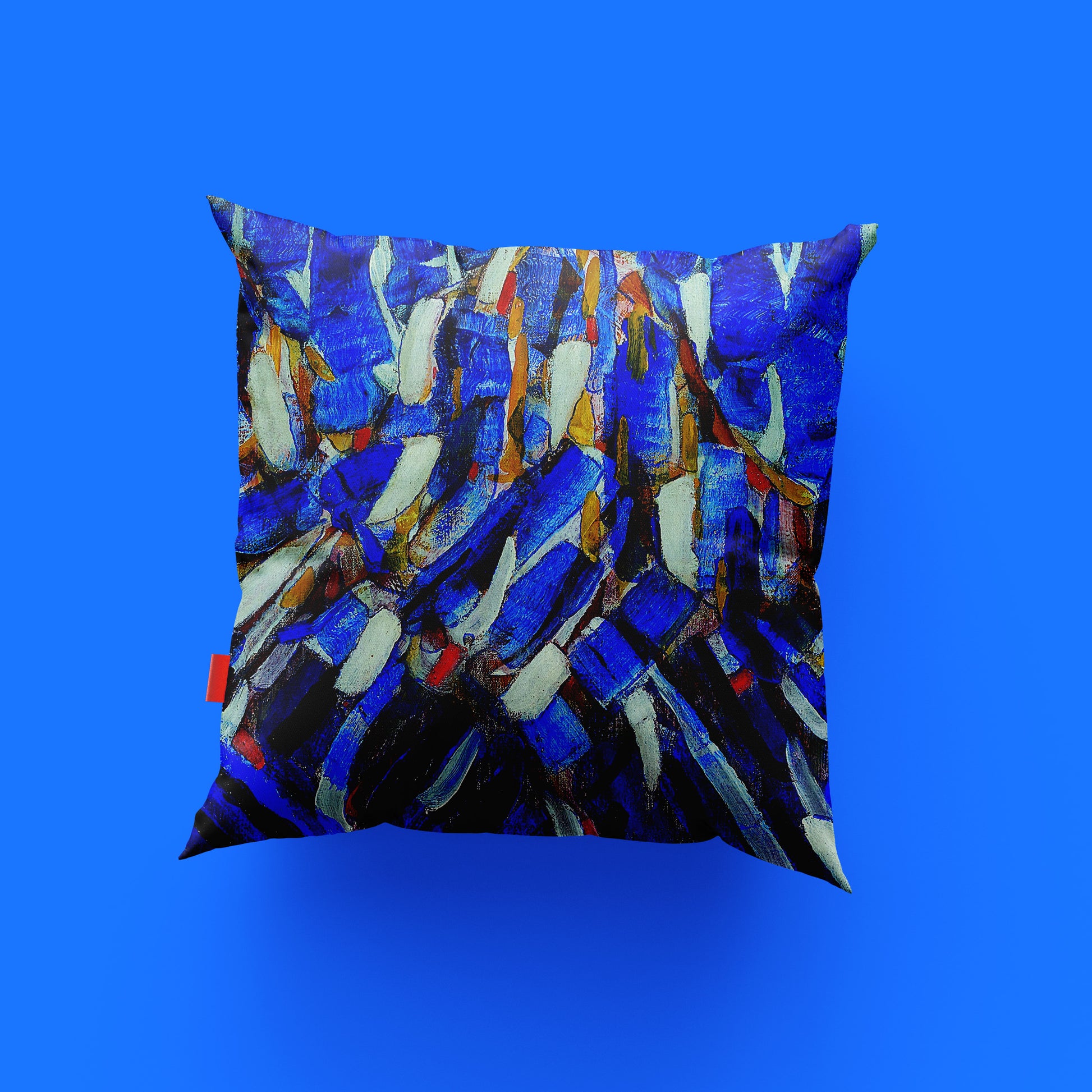A premium linen cushion cover featuring the vibrant blue and white abstract patterns of Christian Rohlfs' painting, The Blue Mountain. This masterpiece of German Expressionism is a sophisticated addition to any modern living space.