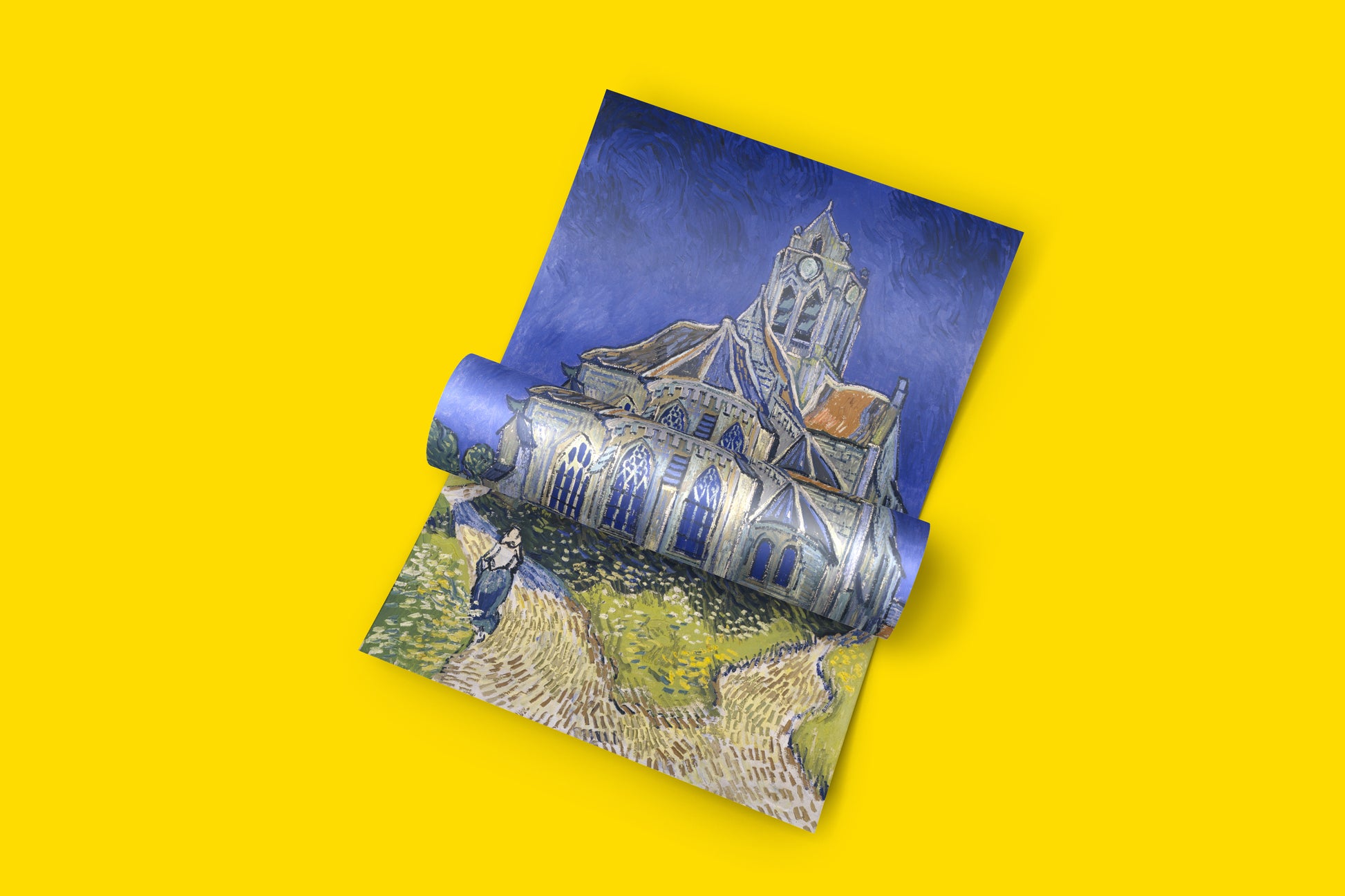 The Church at Auvers by Vincent van Gogh featuring medieval Gothic architecture against vibrant blue sky with characteristic post-impressionist style