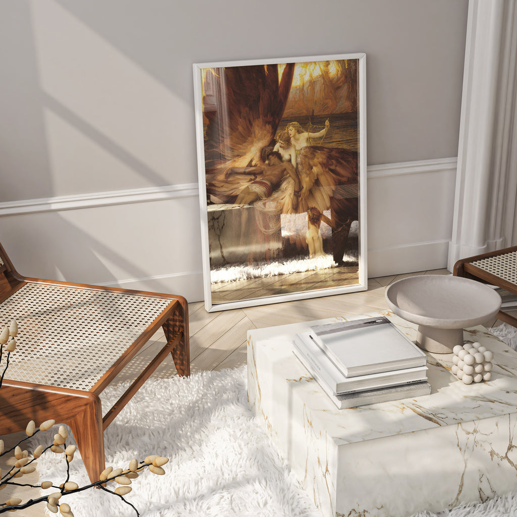 Classic Victorian art print of Icarus with feathered wings, a dramatic statement piece for wall art collections