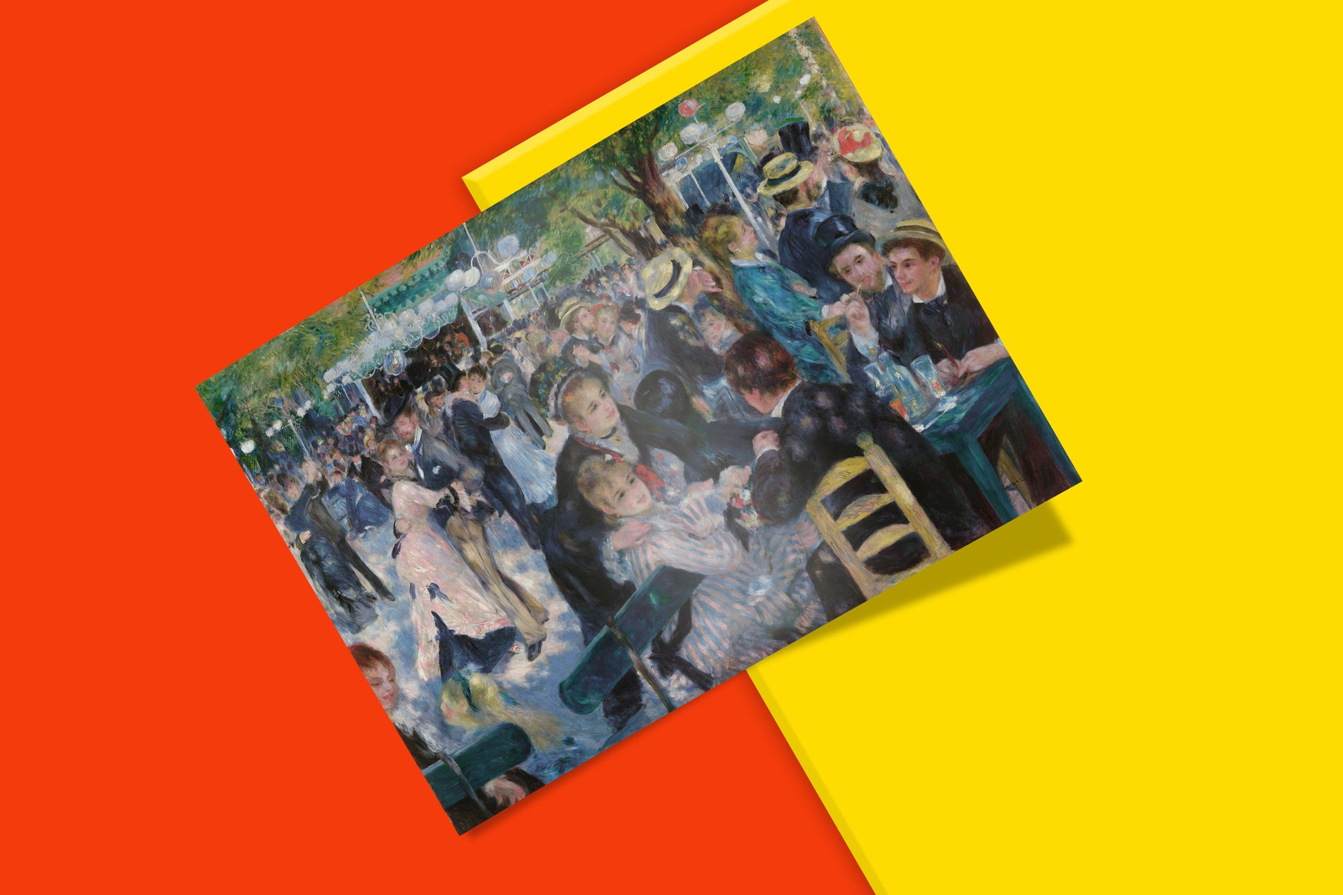 Museum quality art print of Renoir's famous Impressionist painting Dance at Moulin de la Galette featuring vibrant Belle Époque Paris scene, luxury wall art for sophisticated interiors