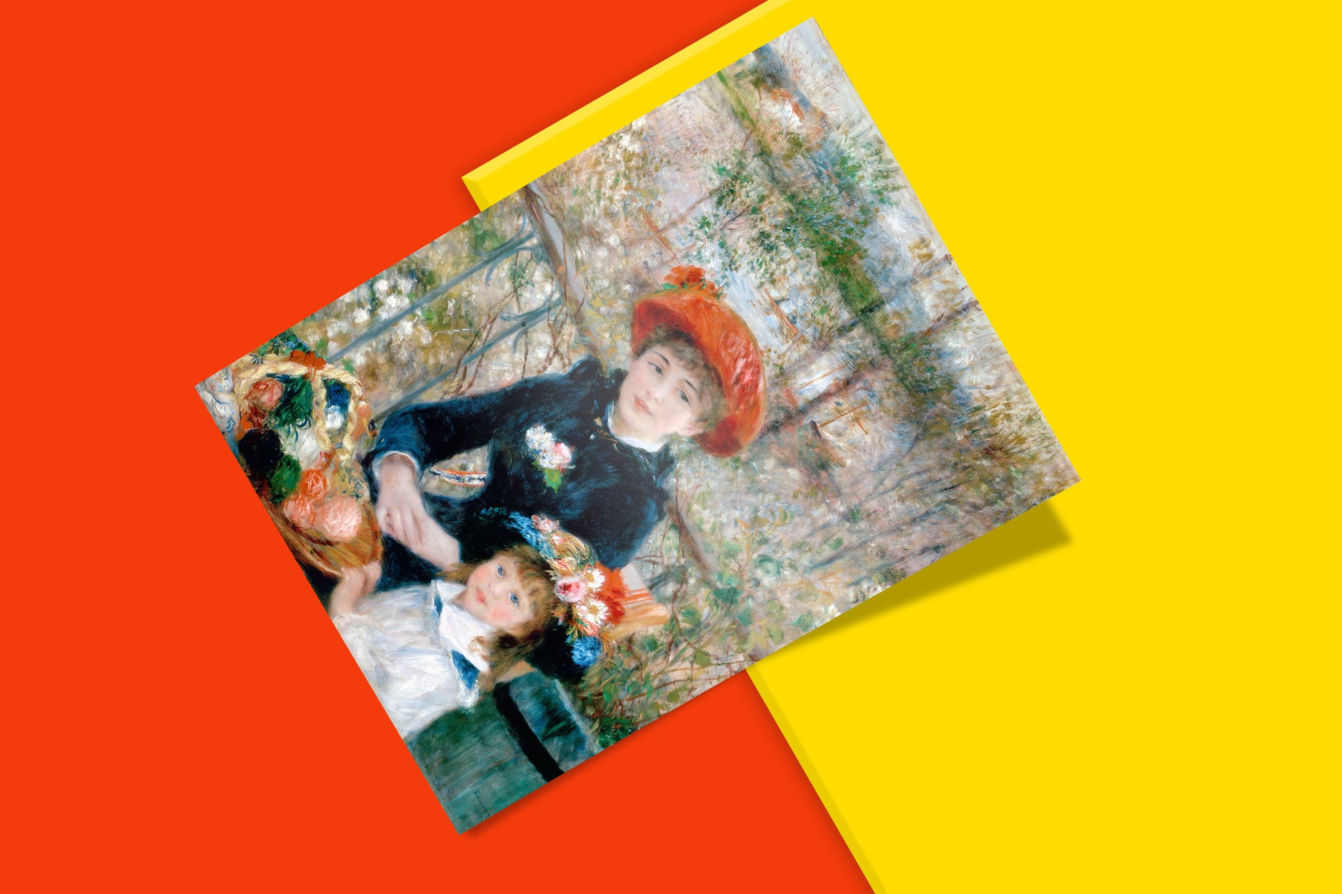 Museum quality art print of Renoir's famous Two Sisters painting featuring Belle Époque portrait with red hat and floral bonnet, sophisticated wall art for modern interiors