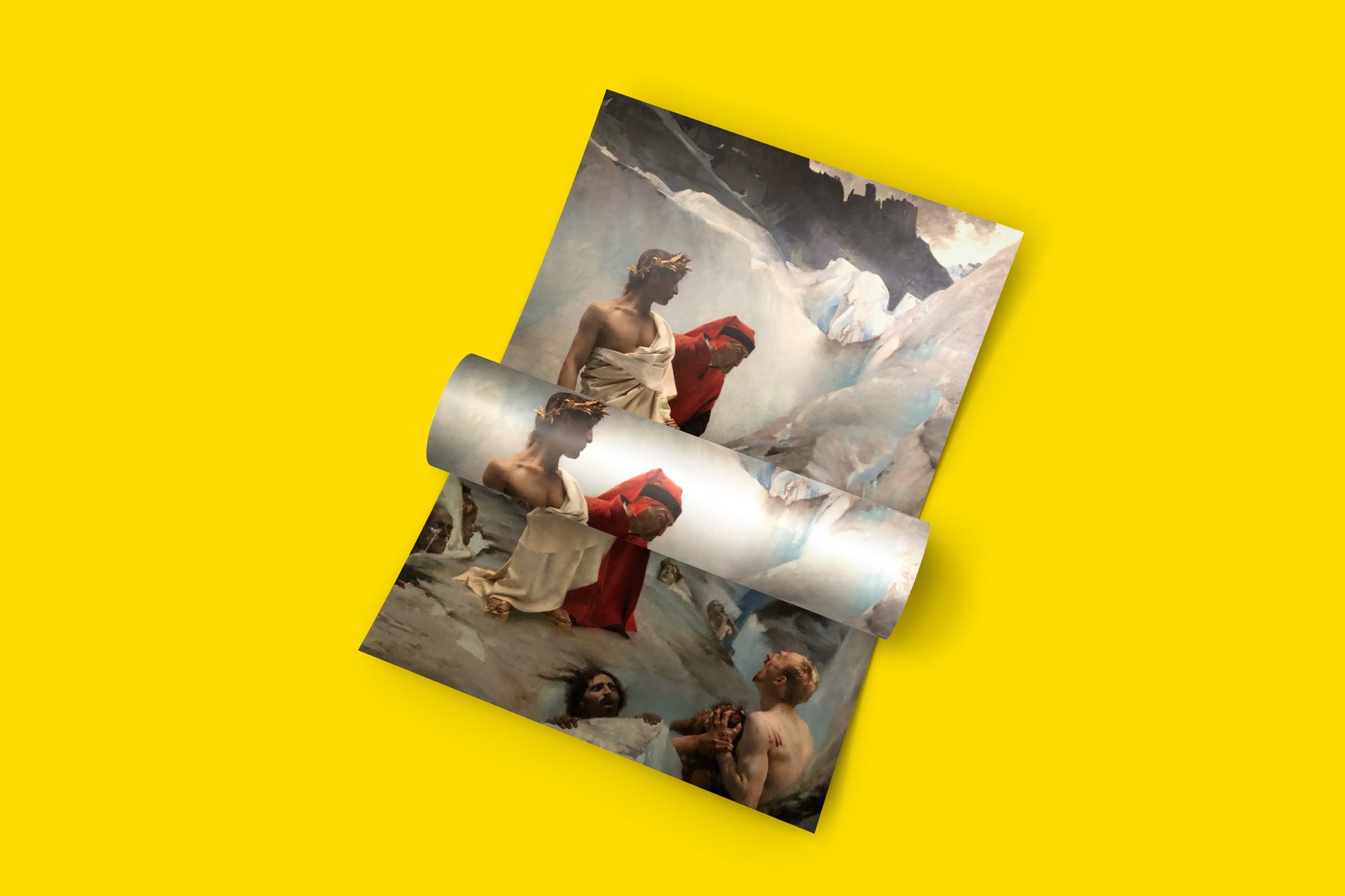 A detailed art print capturing the dramatic scene from Dante's Inferno with Ugolino, Virgil, and Dante in the ninth circle of Hell.