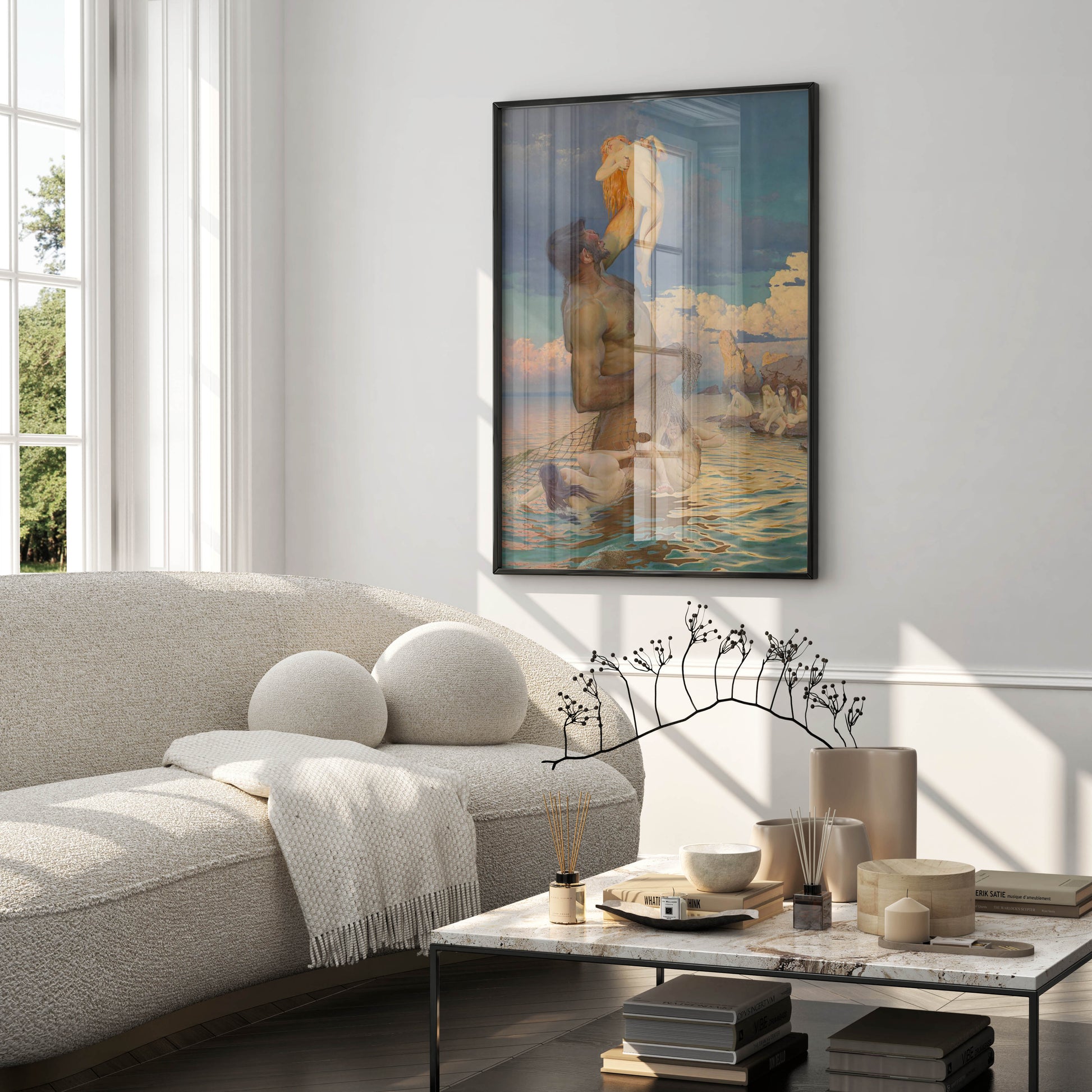 Classical mythology art prints including Polyphemus Fish Catch, framed wall decor options for art collectors and enthusiasts