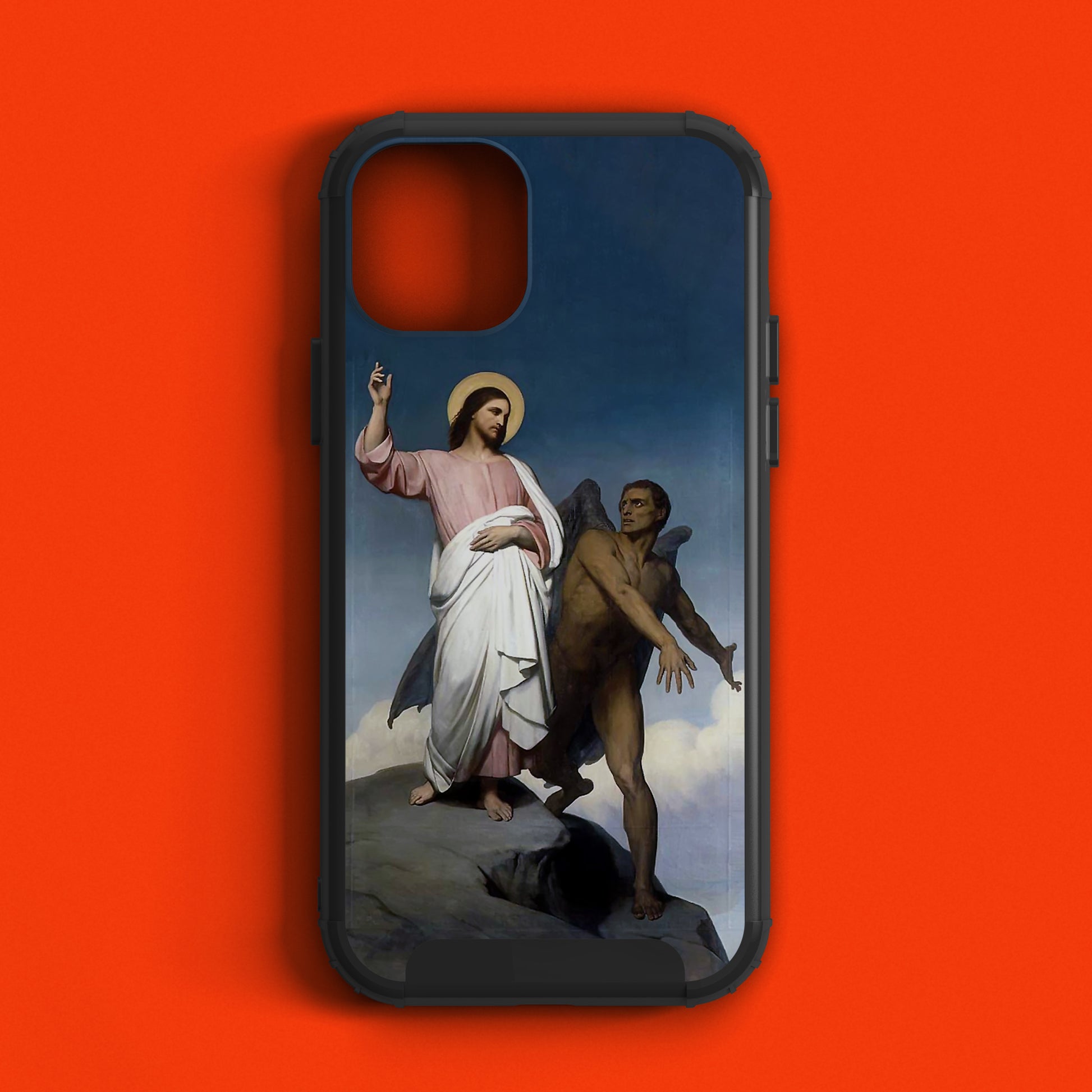 Stylish phone case featuring the iconic "Temptation of Christ" by Ary Scheffer, a perfect accessory for art history enthusiasts seeking a unique blend of historical artwork and modern phone protection.
