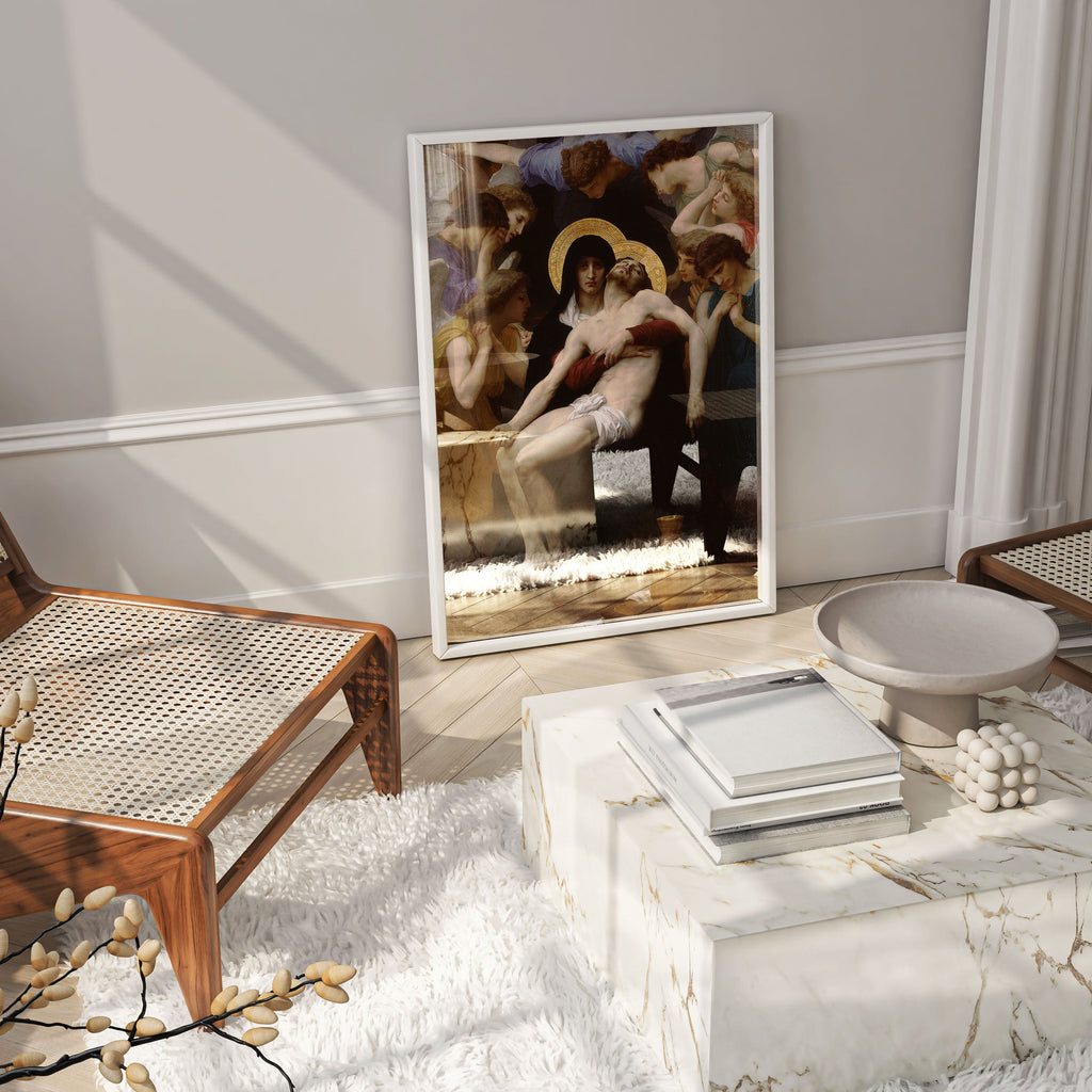 Framed Bouguereau Pietà fine art print displayed as elegant wall art in modern living room interior, showing premium home décor styling