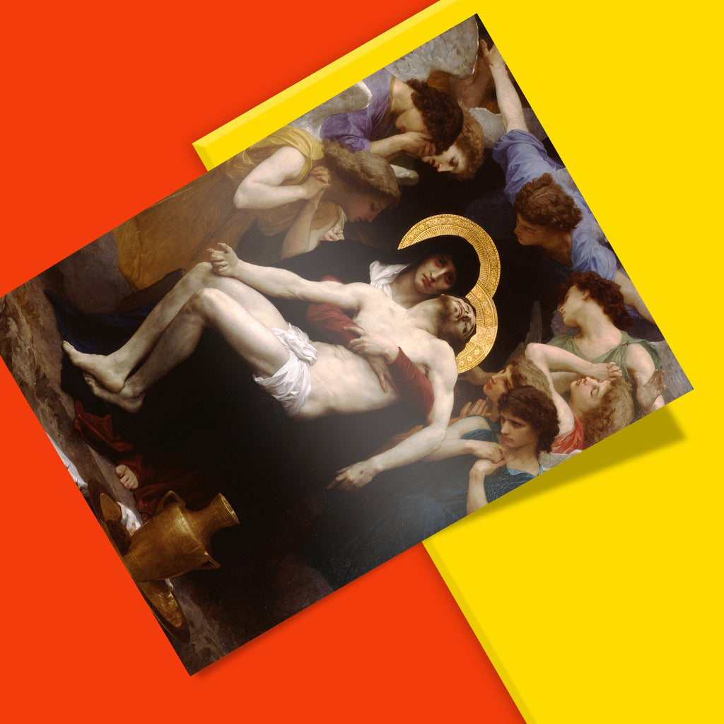 Bouguereau Pietà wall art print with rainbow-robed angels, crown of thorns, classical religious artwork for sophisticated interiors