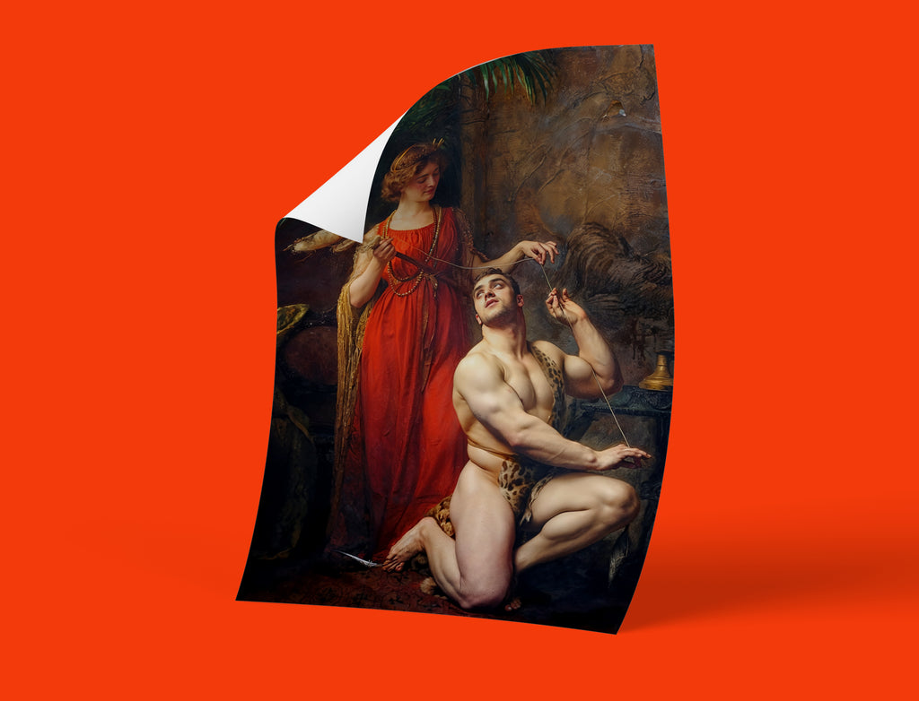 High quality wall art print of 'Hercules at the Feet of Omphale' by Gustave Courtois, a classic French academic painting.
