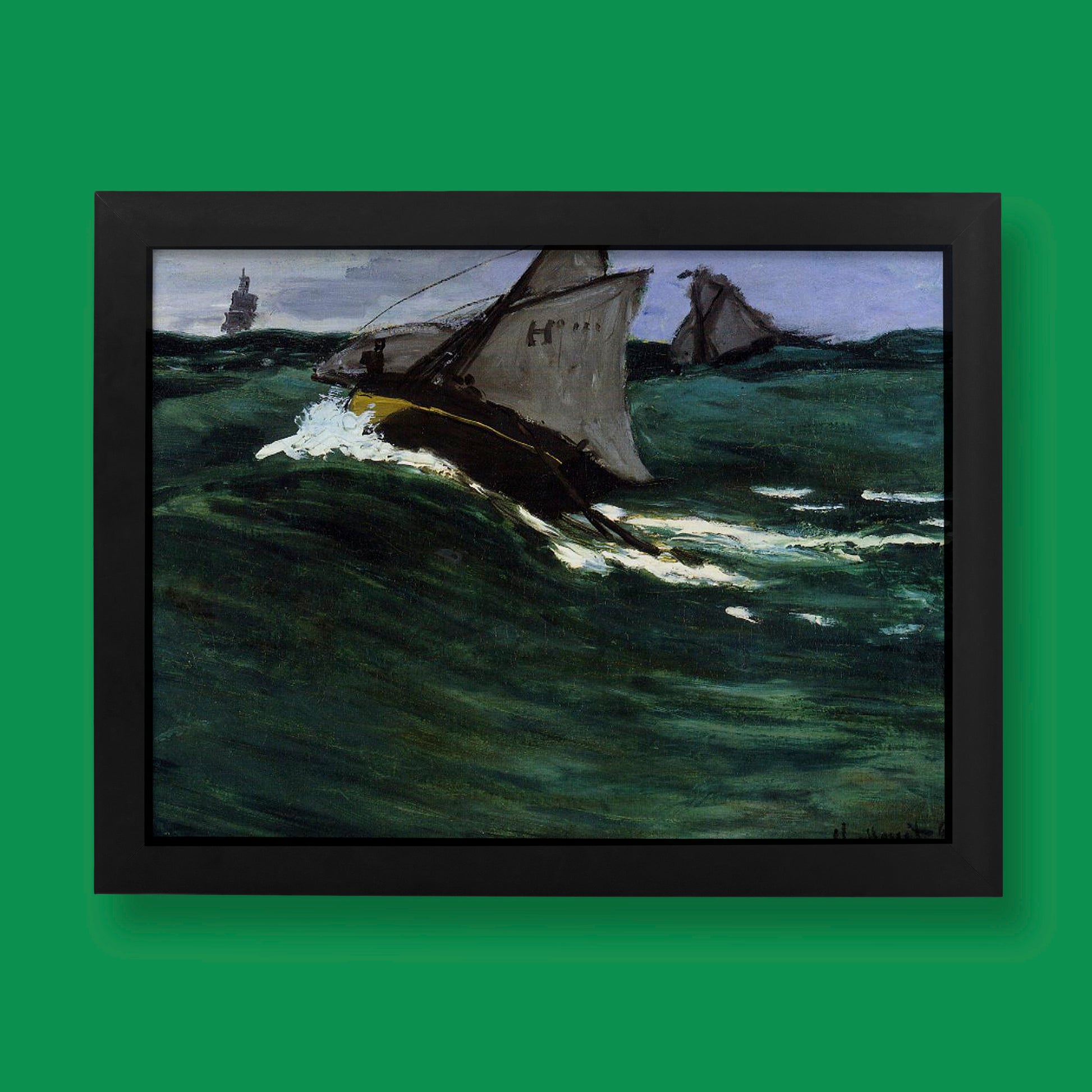 Claude Monet The Green Wave fine art print reproduction featuring dramatic ocean seascape with fishing boats, premium giclée wall art for home decor