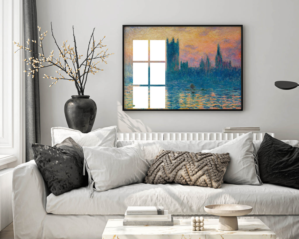 Framed Claude Monet The Houses of Parliament, Sunset print, a fine art reproduction perfect for elegant wall decor.