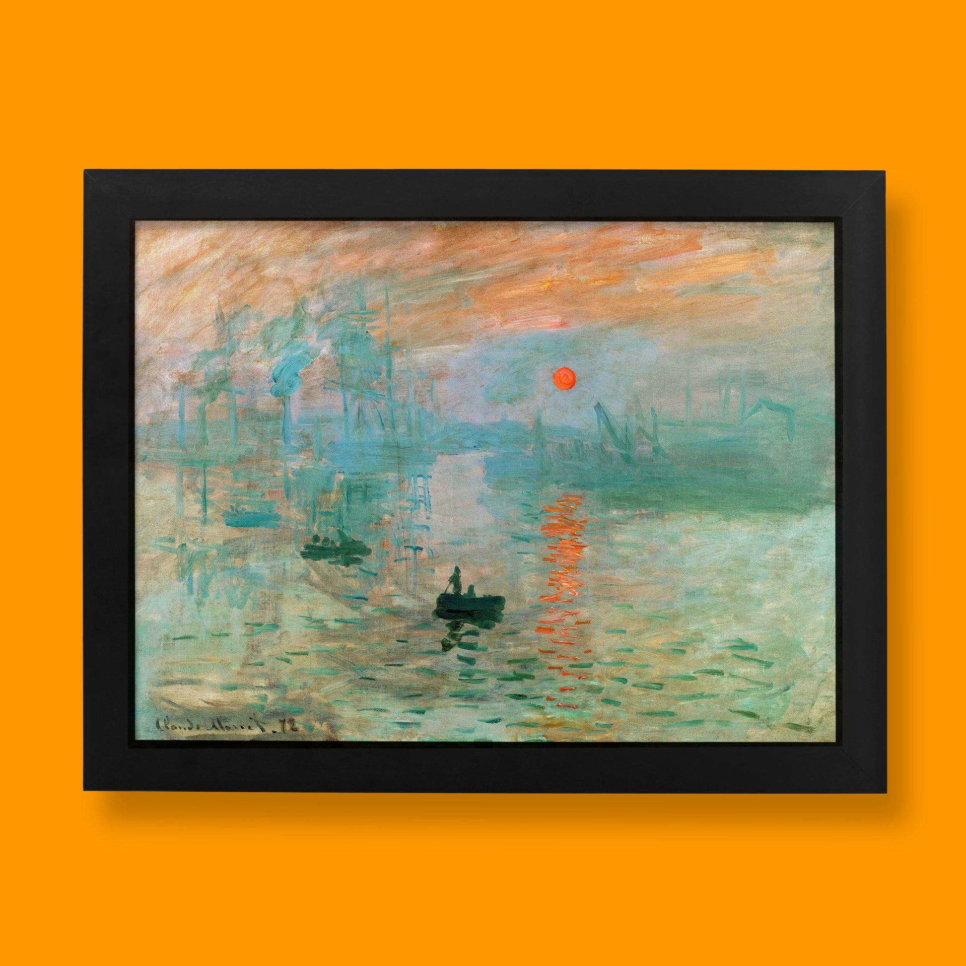 A beautiful fine art print of Claude Monet's iconic painting, Impression, Sunrise, featuring a vivid orange sun and misty blue and green harbour scene.