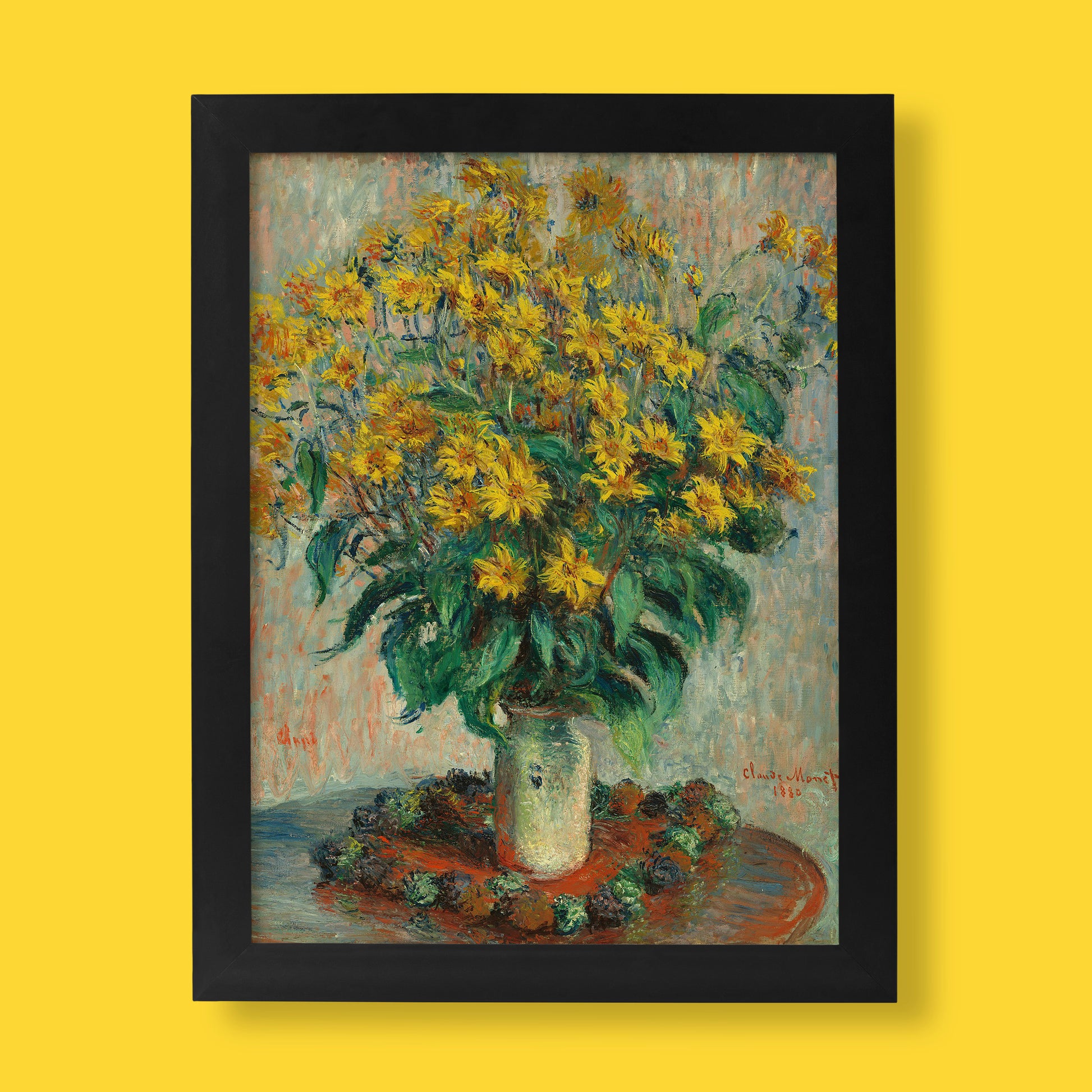 Claude Monet Jerusalem Artichoke Flowers fine art print featuring vibrant yellow blooms in ivory vase, perfect impressionist wall art for modern home decor and art collectors
