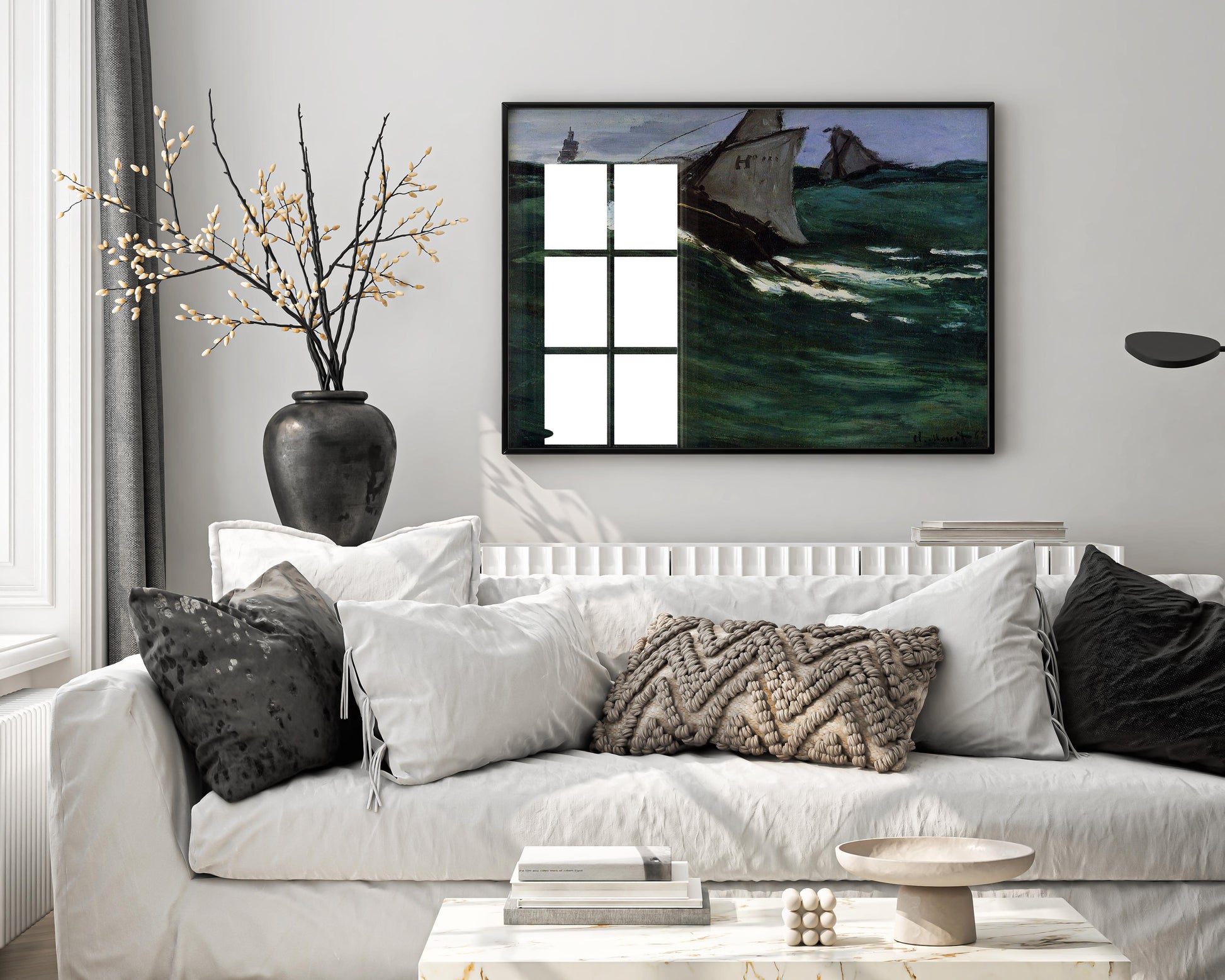 Framed Claude Monet Green Wave art print displayed on modern living room wall, showing premium giclee reproduction in elegant frame as sophisticated home wall decor