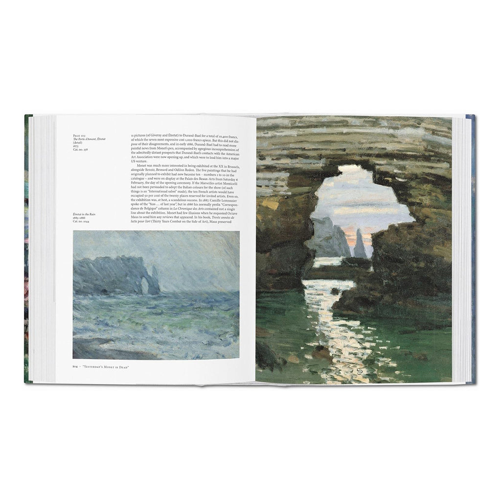 A detailed, two-page spread from the Taschen fine art book showcasing Monet's seascapes, with its iconic colours and impressionist brushstrokes.
