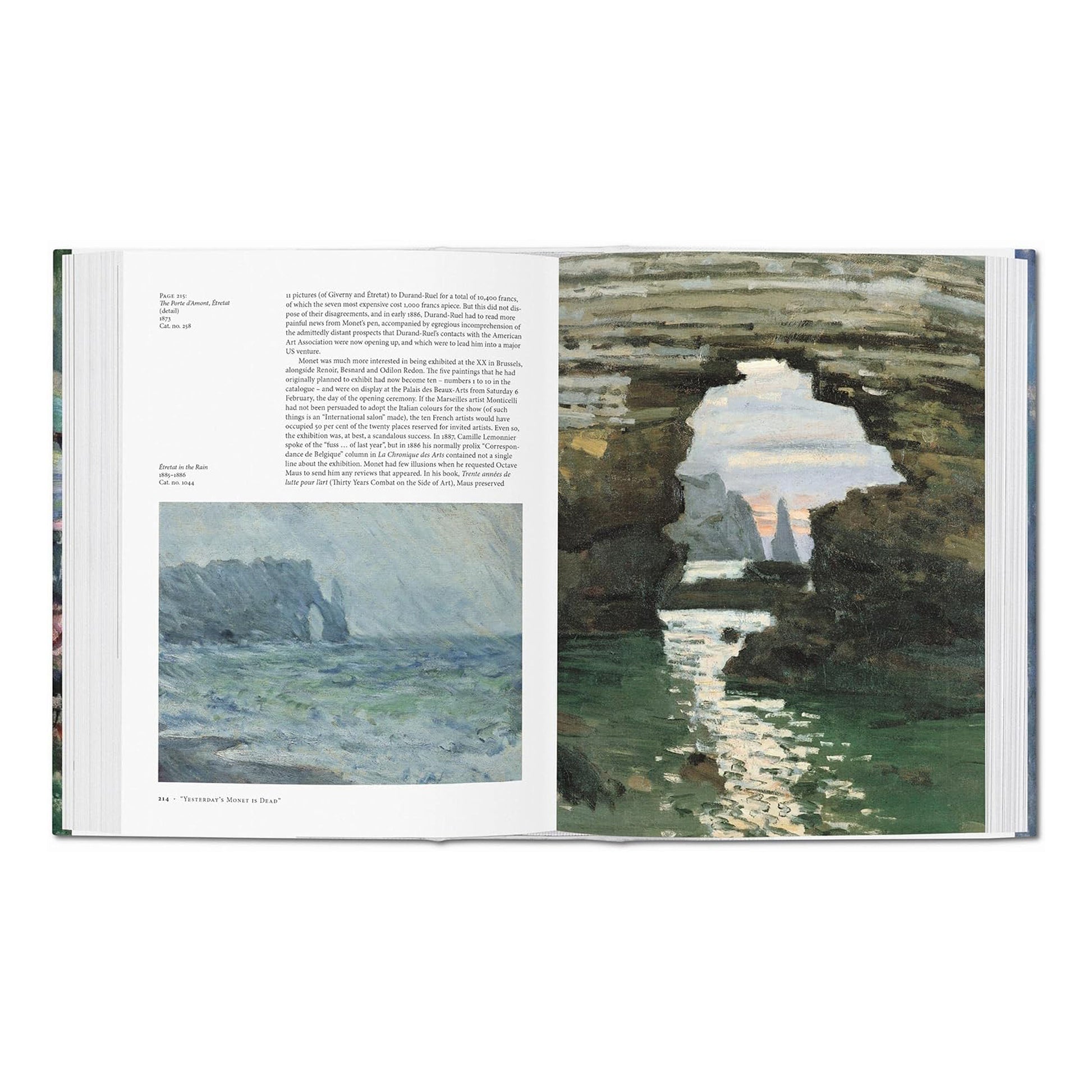 A detailed, two-page spread from the Taschen fine art book showcasing Monet's seascapes, with its iconic colours and impressionist brushstrokes.