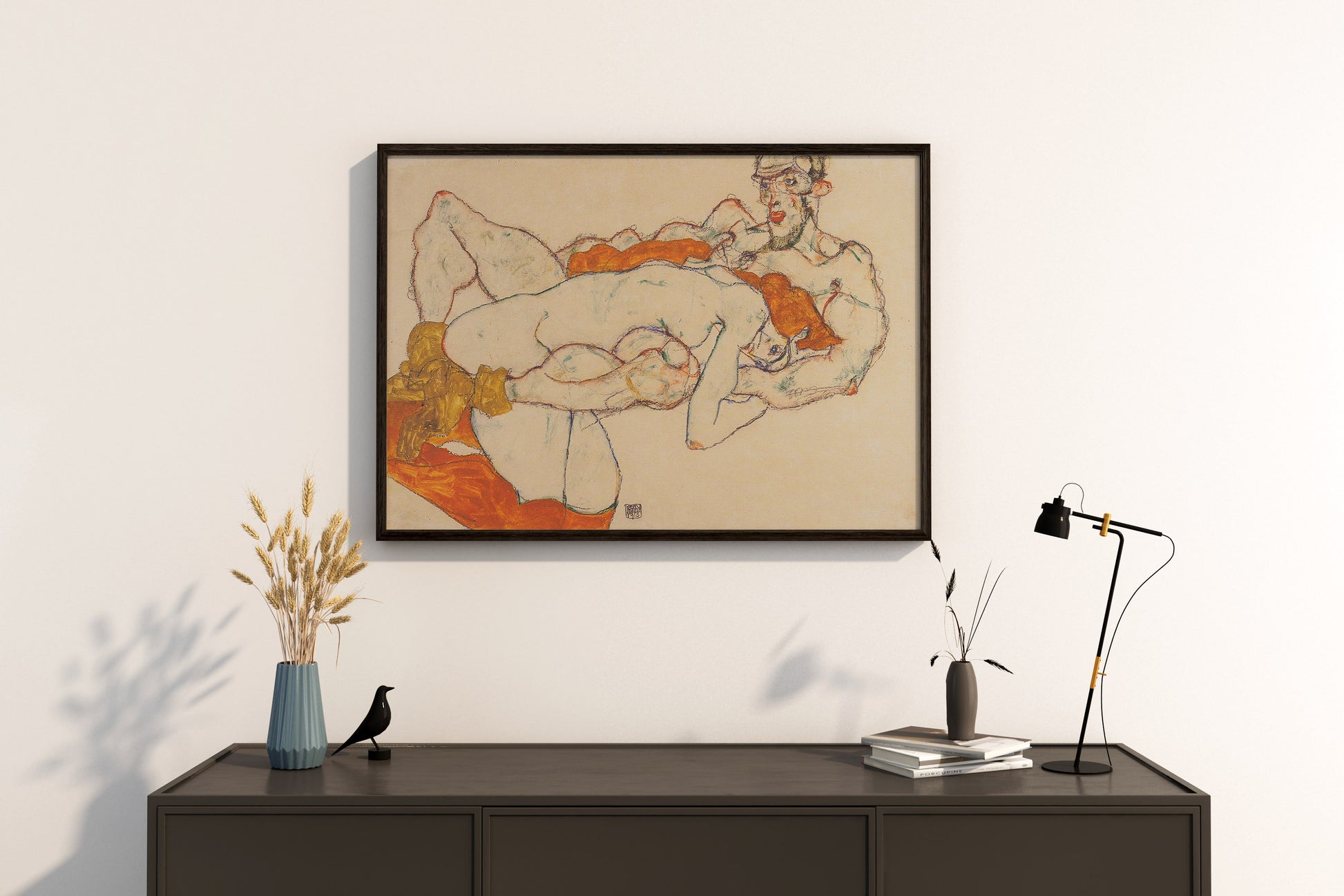 Egon Schiele's 'Lovers' framed fine art print, an exquisite addition for art collectors looking for high-quality, impactful framed wall art.
