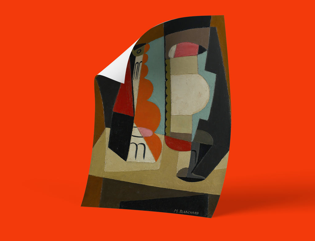 Colourful cubist wall art reproduction by Spanish modernist artist María Blanchard, abstract geometric still life print for art collectors and designers