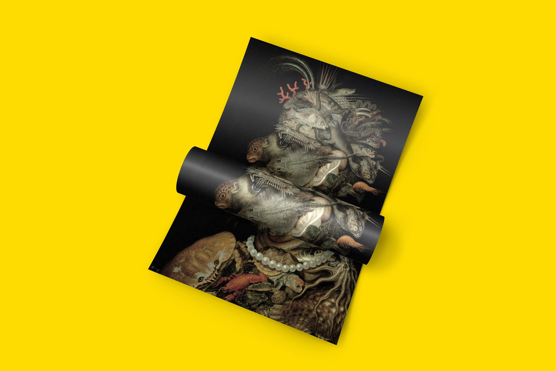 Renaissance artist Arcimboldo water element art print showing surreal portrait composed of ocean life - high-quality wall art and home decor