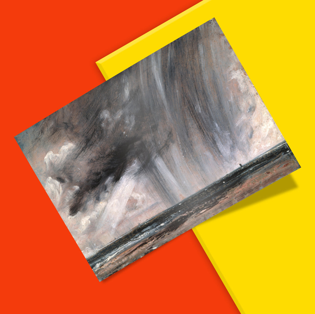 Landscape poster of Constable’s stormy sky painting, with heavy dark clouds above a low horizon and a dark shoreline