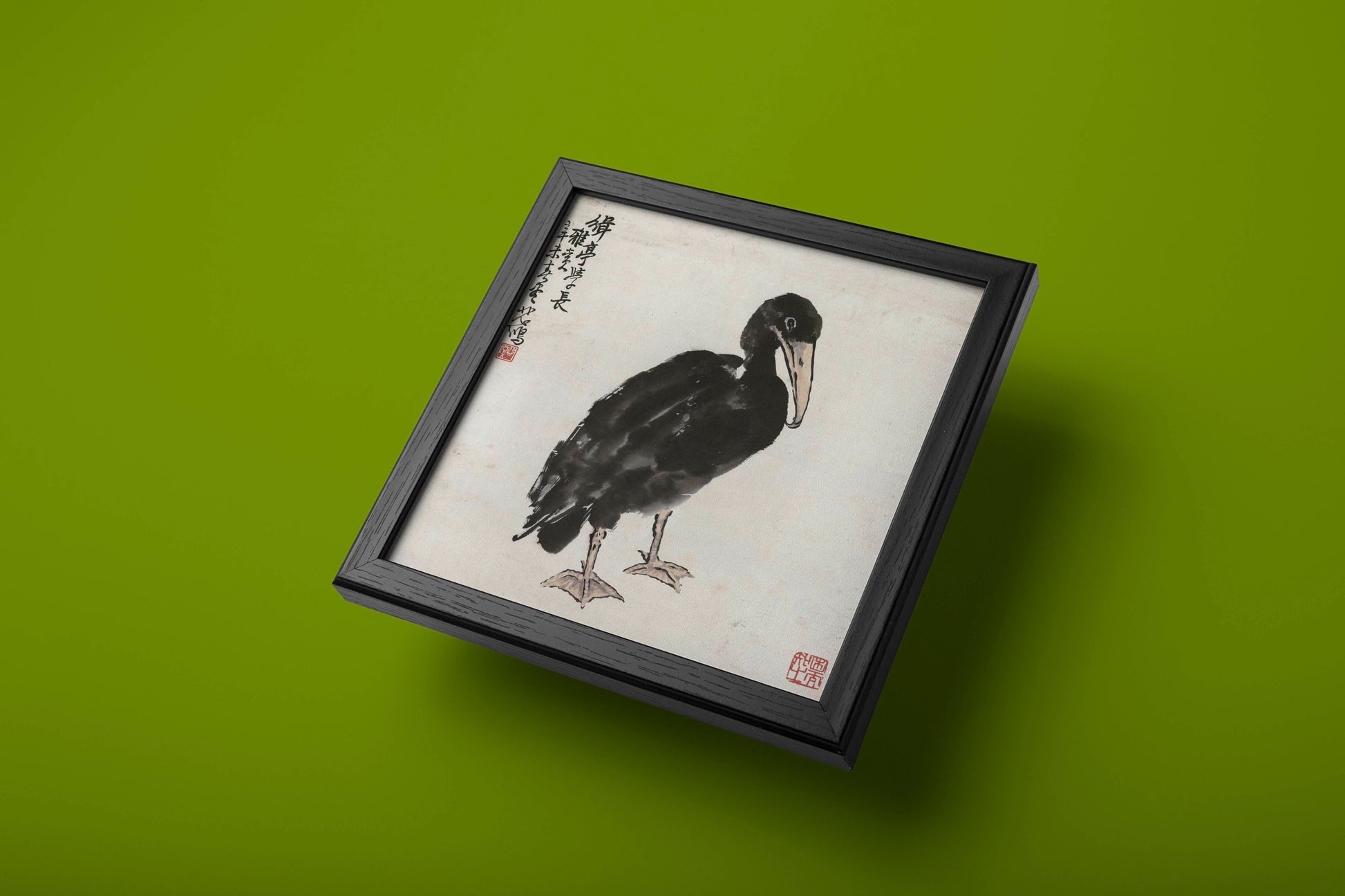 A full-length view of the Xu Beihong Cormorant wall art, a Chinese ink painting style print of a black cormorant bird with a long beak, standing on two webbed feet.
