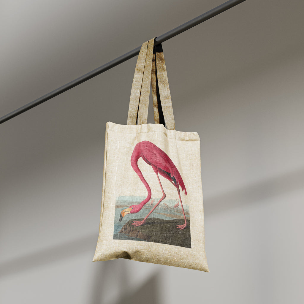 Audubon flamingo tote bag showing large printable area, 100% cotton canvas bag with reinforced handles and natural history illustration