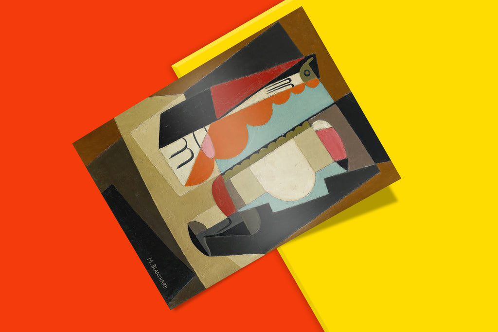 Spanish cubism wall art print by María Blanchard showing abstract still life composition with bottles and geometric shapes in warm earth tones