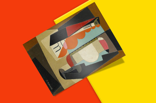 Spanish cubism wall art print by María Blanchard showing abstract still life composition with bottles and geometric shapes in warm earth tones