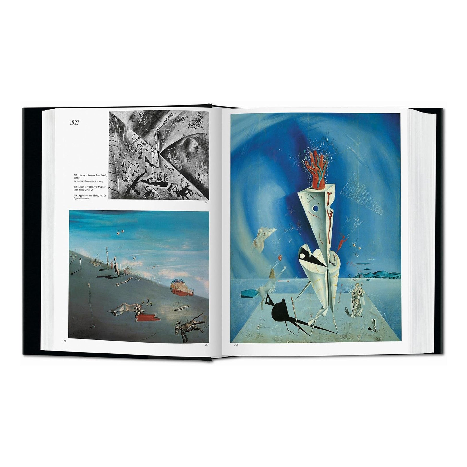 Pages from a Dalí book featuring surrealism artwork from 1927.