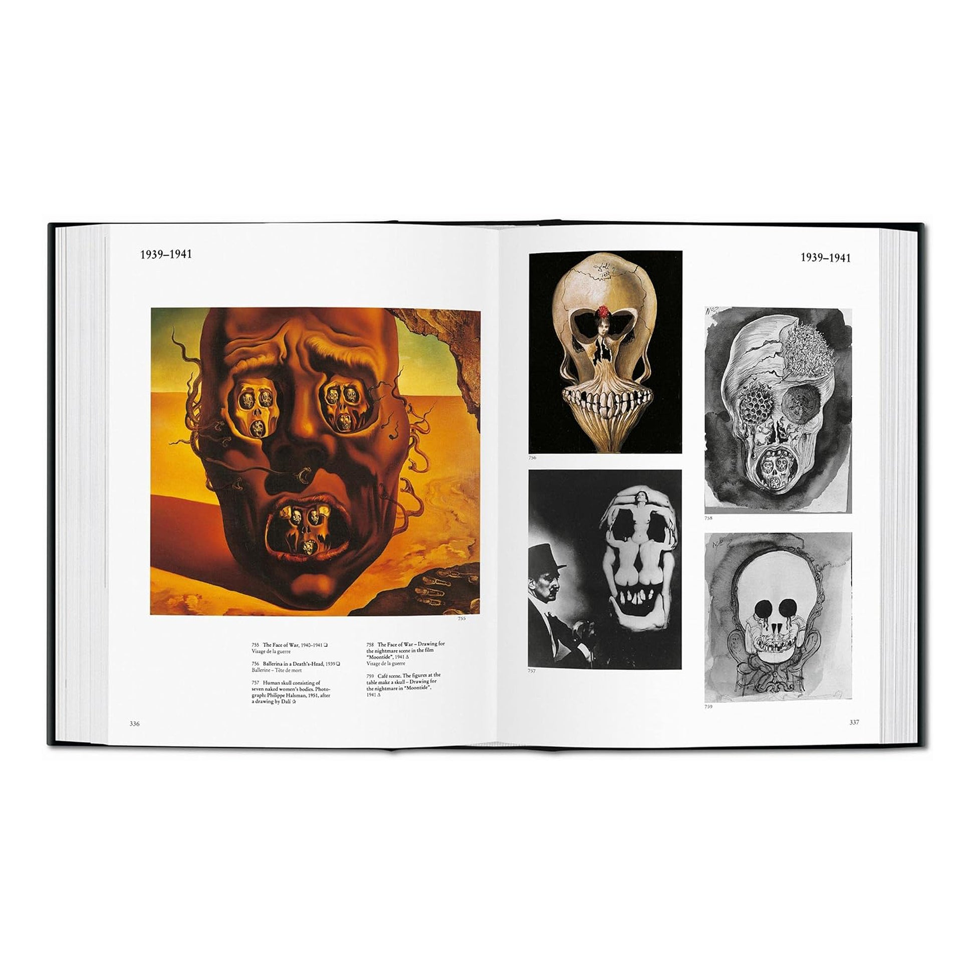 Dalí art book showing "The Face of War" and skull drawings from 1939-1941.